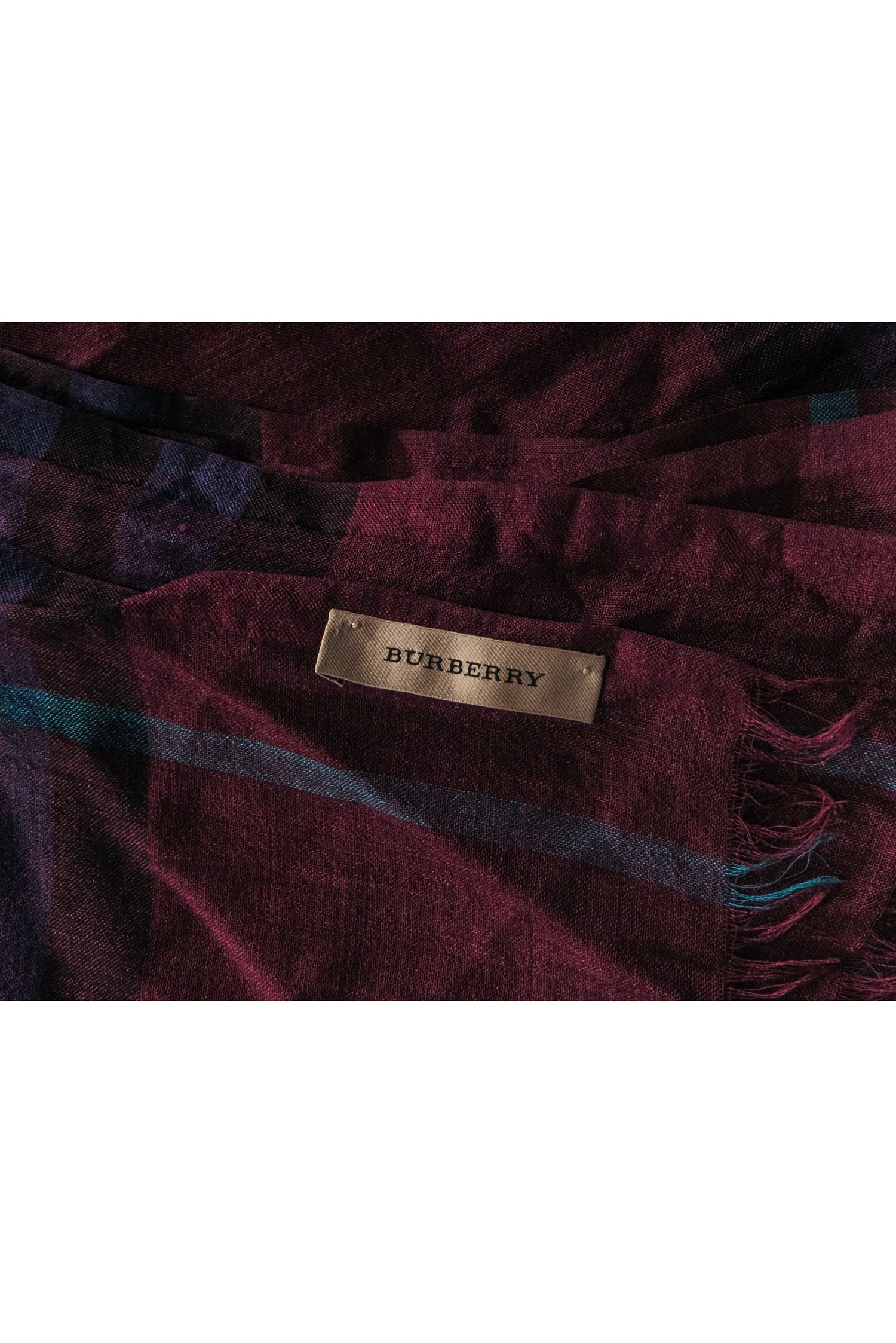Burberry's Stunning Maroon, Navy & Teal Plaid Lightweight Scarf with Eyelash Fringe