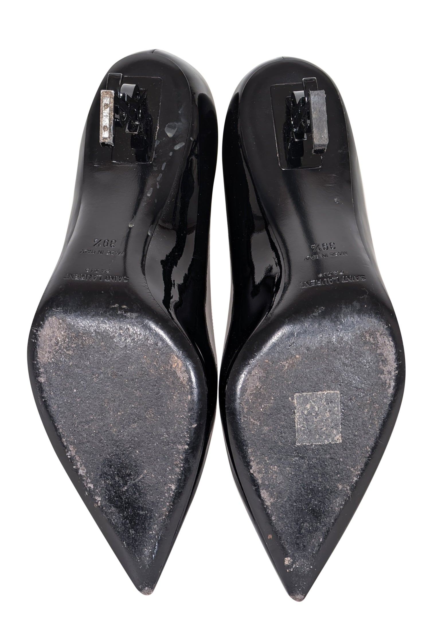 Yves Saint Laurent Black Patent Leather Pointed-Toe Logo Heel Pumps - Size 9.5