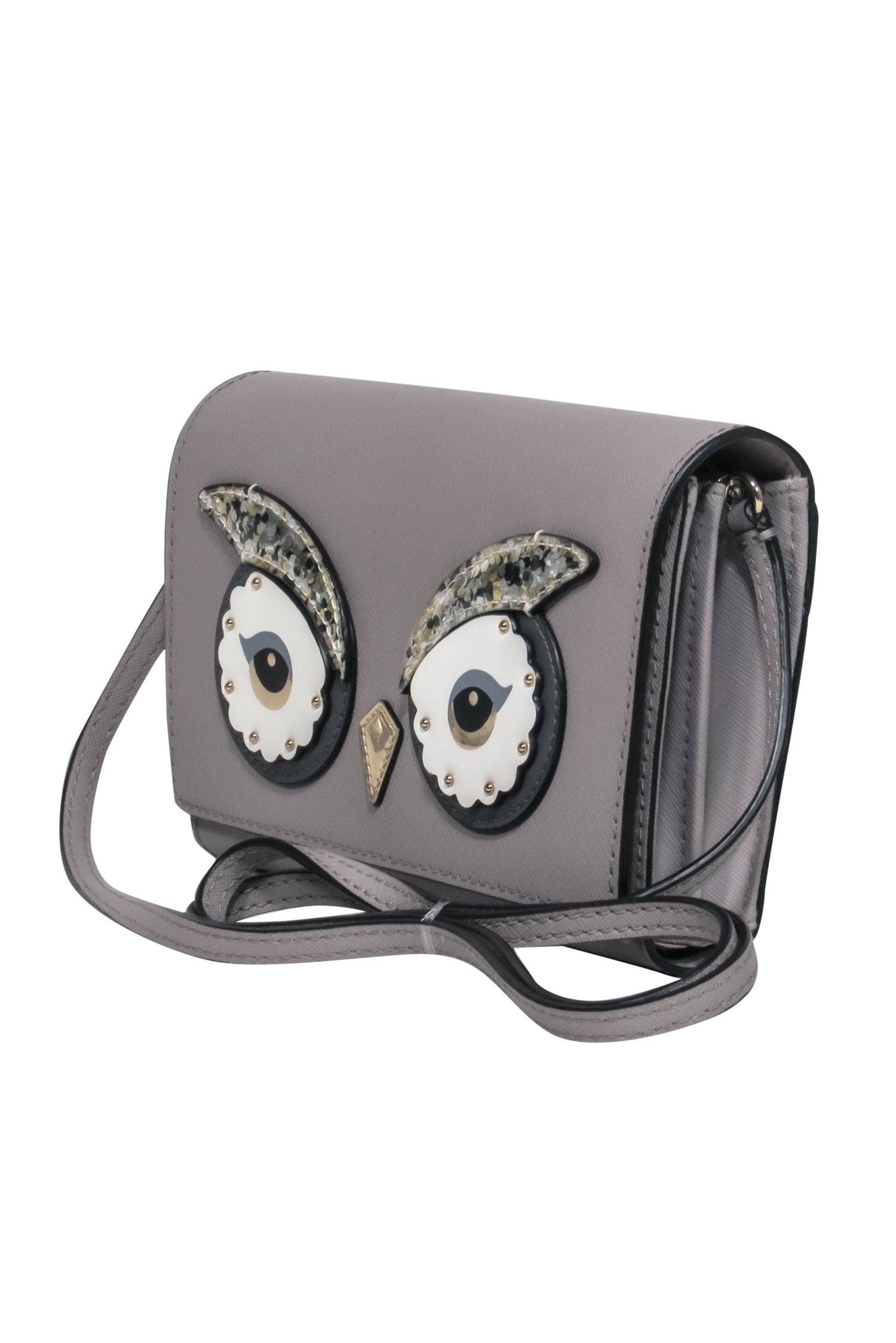 Kate Spade - Grey Textured Leather Fold-Over Sparkling Owl Crossbody Bag