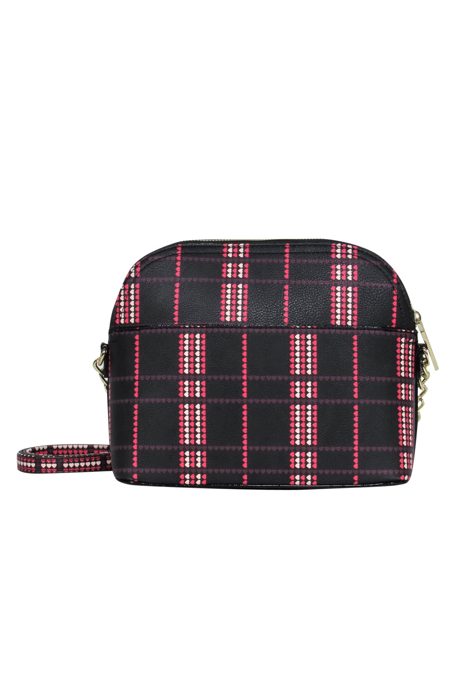 Betsey Johnson's Heart - Throbbing Black, Pink & White Heart Grid Print Gold Chain Crossbody