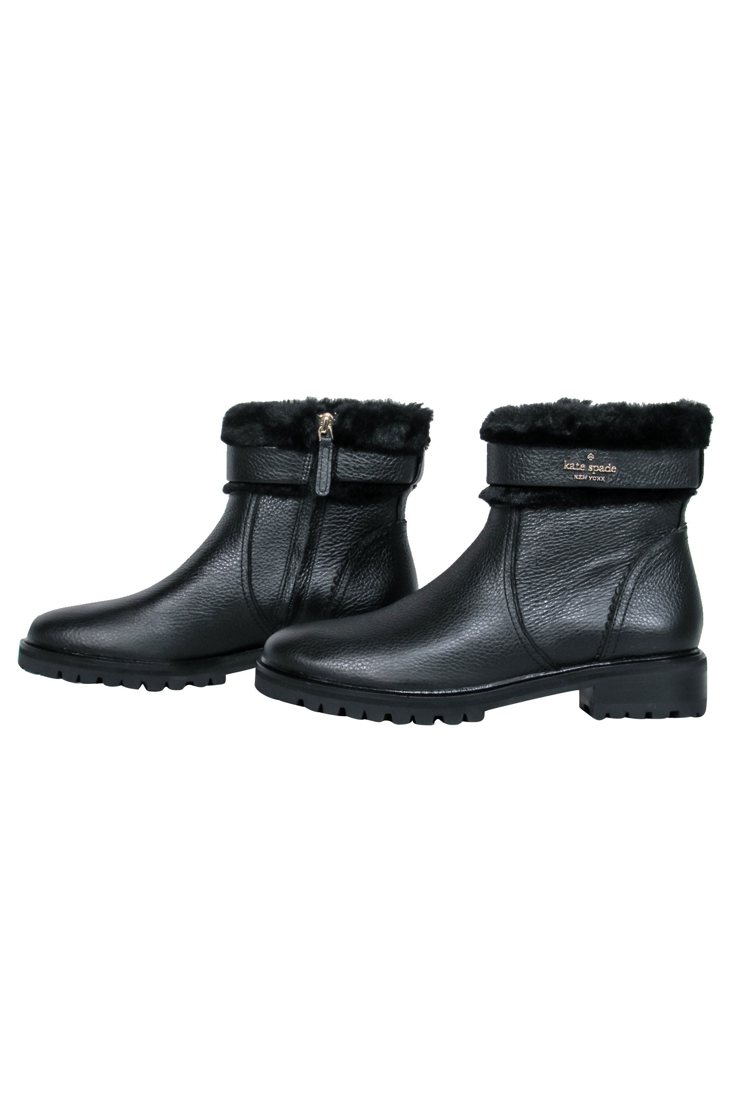 Kate Spade Bailee Winter Bootie - Black Leather with Faux Fur Trim, Size 6.5