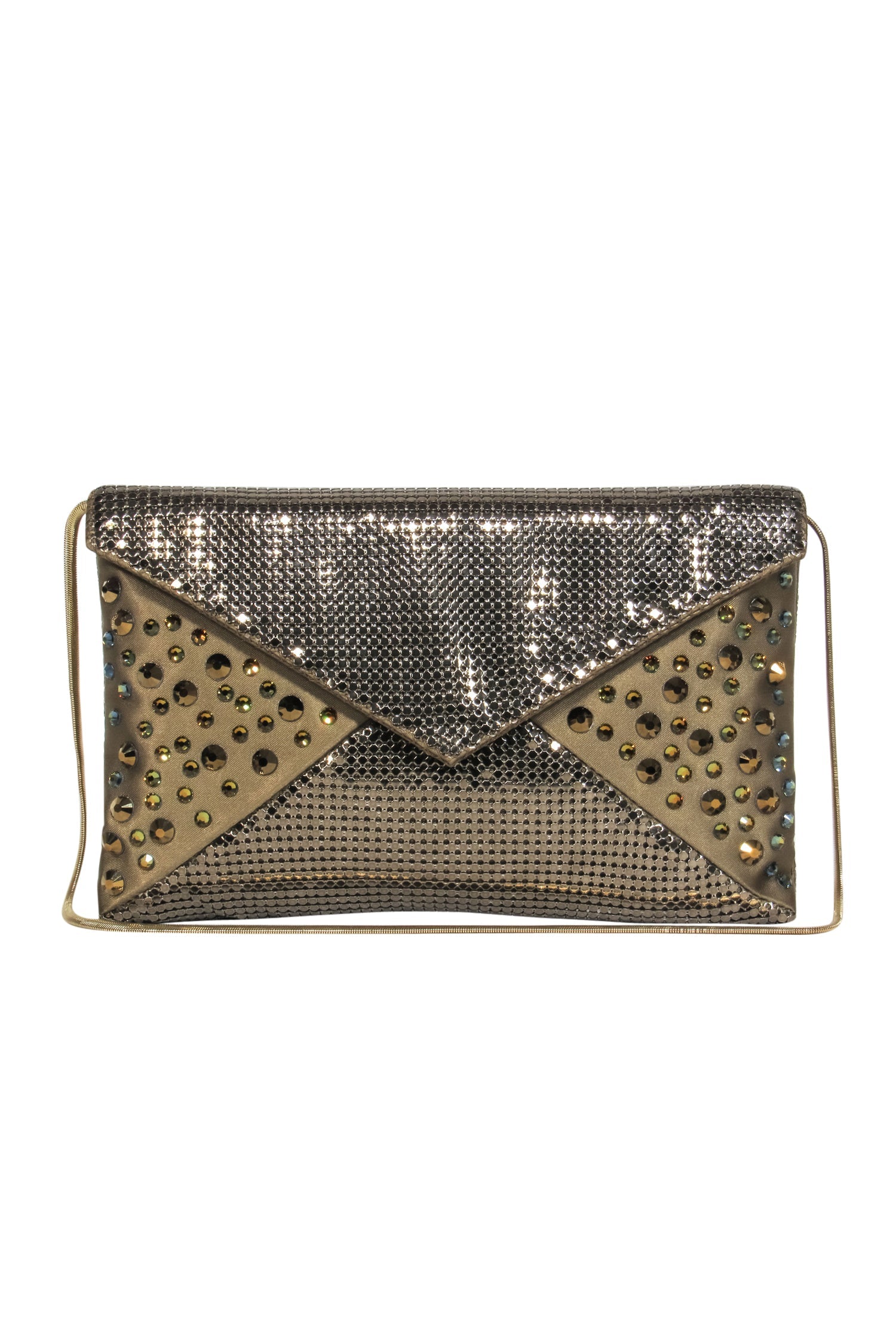 Whiting & Davis - Glamorous Gold Chainmail & Satin Fold-Over Baguette Bag with Rhinestone Bling