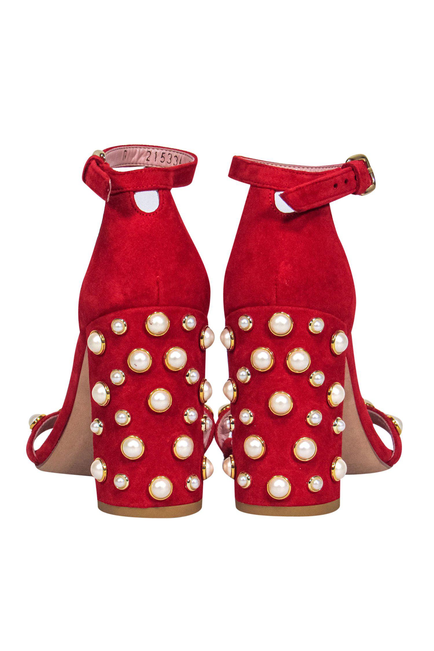 Stuart Weitzman's Glamorous Red Suede Strappy Pumps with Pearl Embellishments - Size 7.5