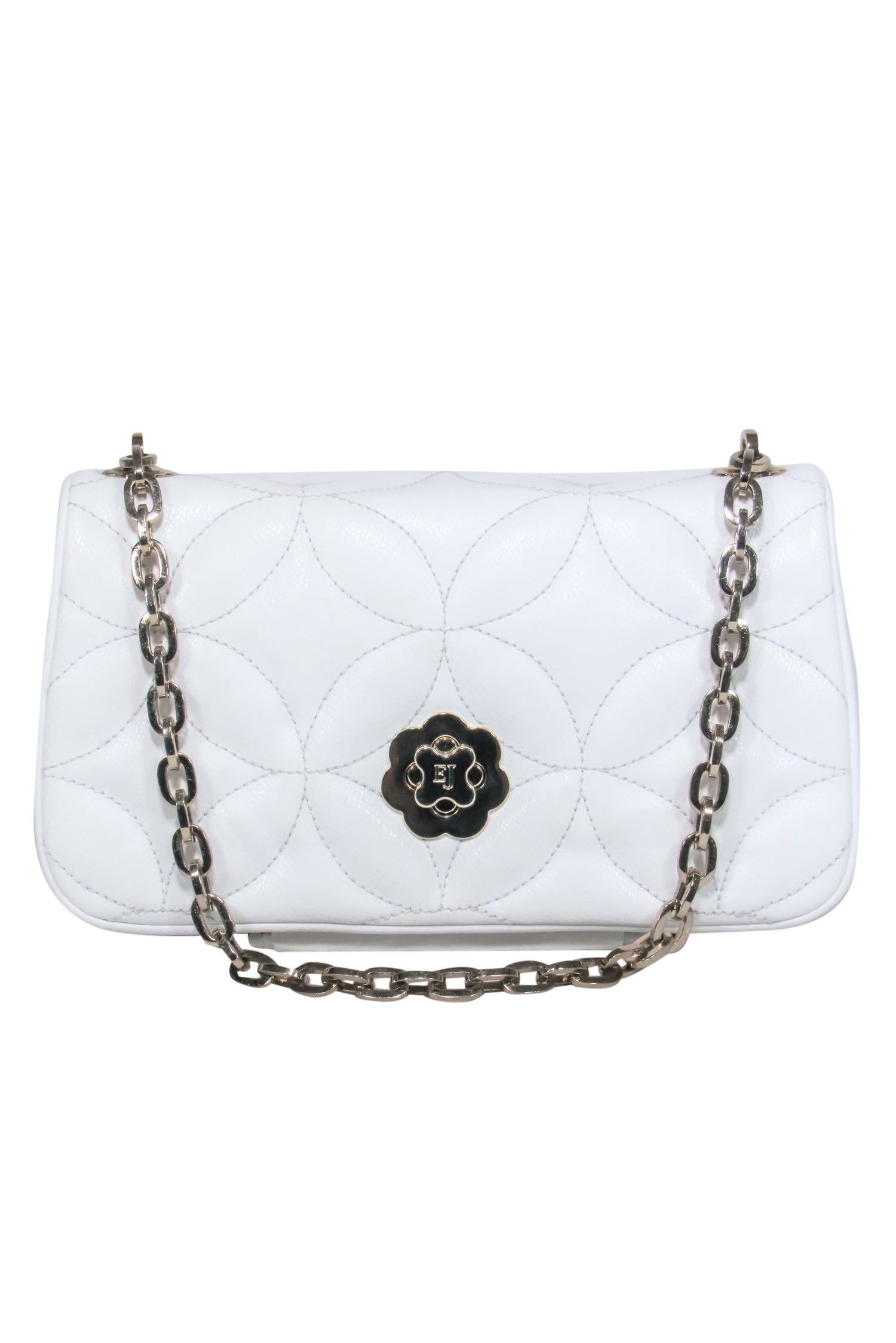 Eric Javits - Stunning White Quilted Leather Gold Chain Baguette with Floral Clasp