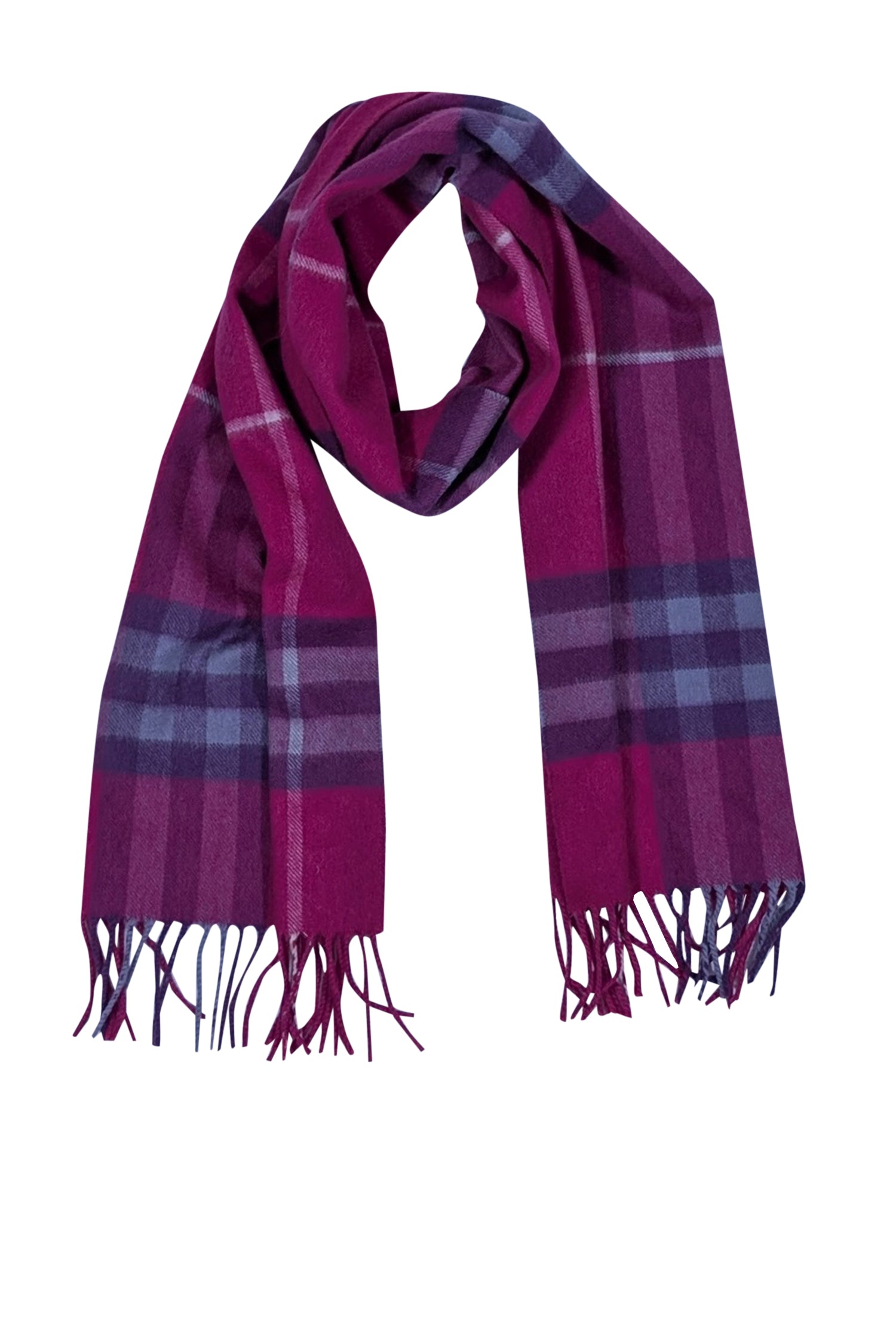 Burberry's Enchanting Pink & Purple Plaid Cashmere Scarf with Fringe Hem