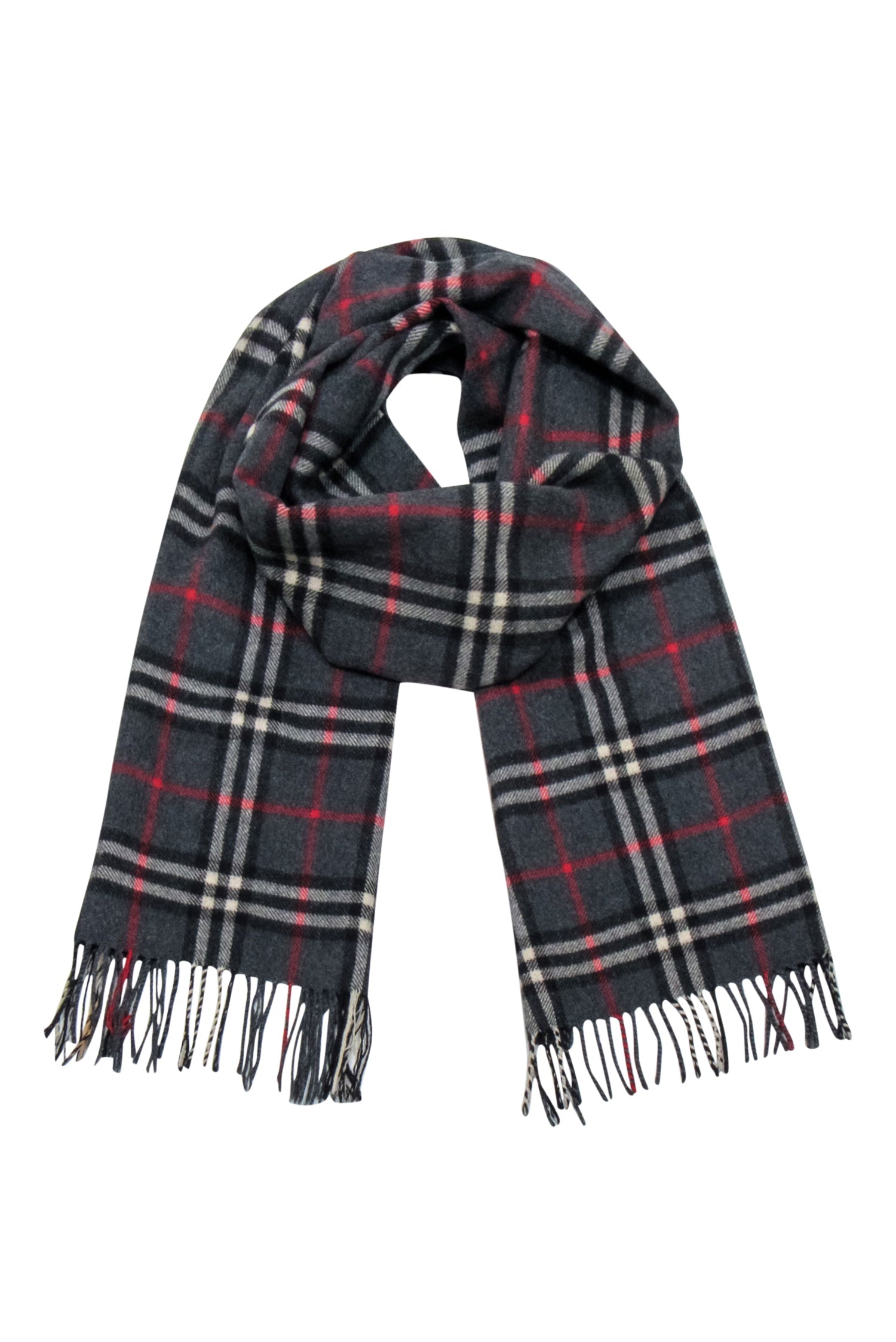 Burberry's Gorgeous Grey, Black & Red Plaid Cashmere Scarf - Grab Yours Now!