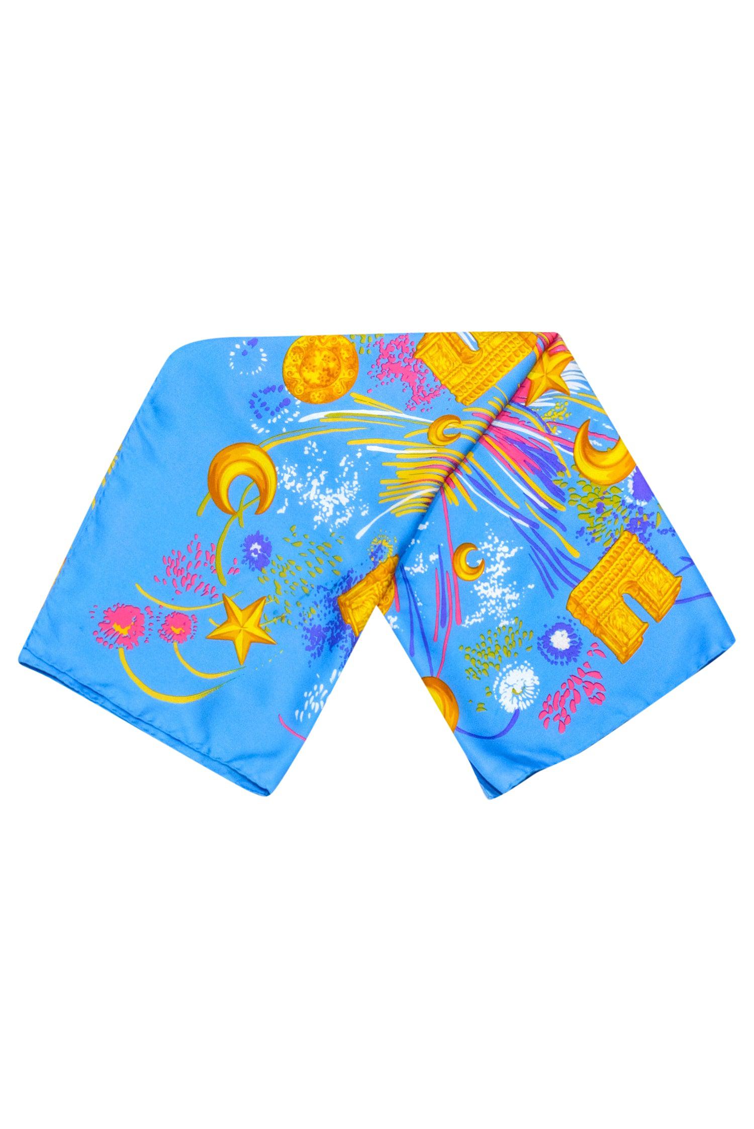 Celine - Stunning Blue & Multi Color Print Silk Scarf
