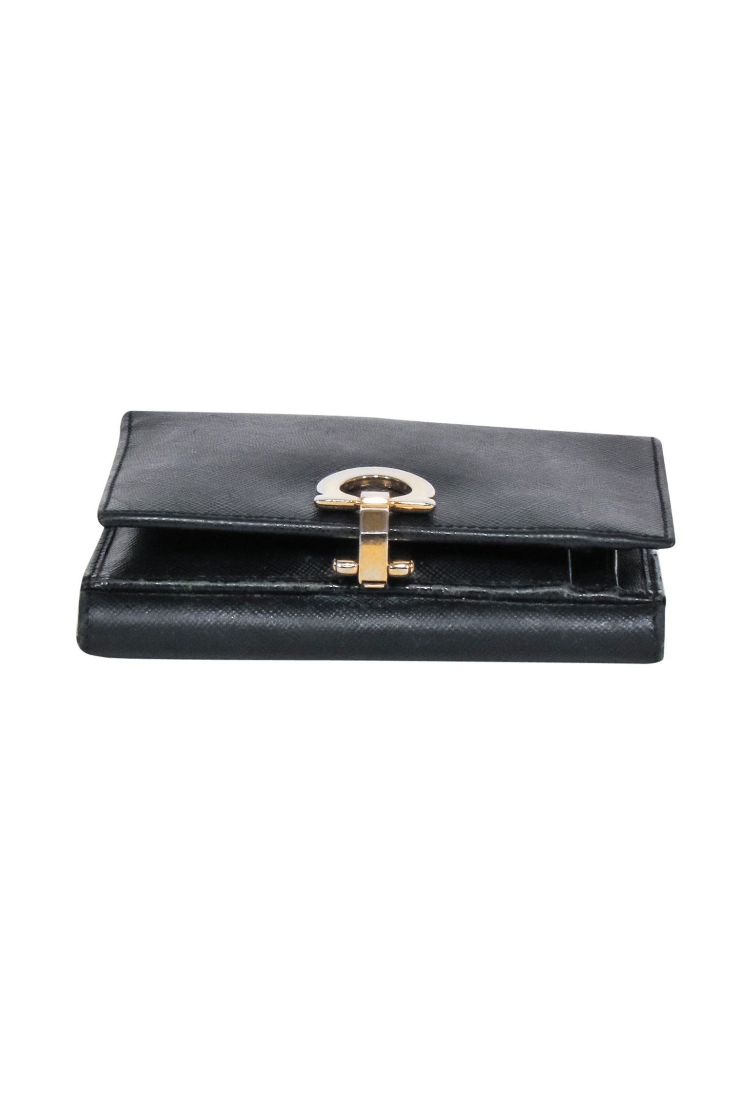 Ferragamo's Stunning Black Saffiano Leather Wallet with Gold Closure