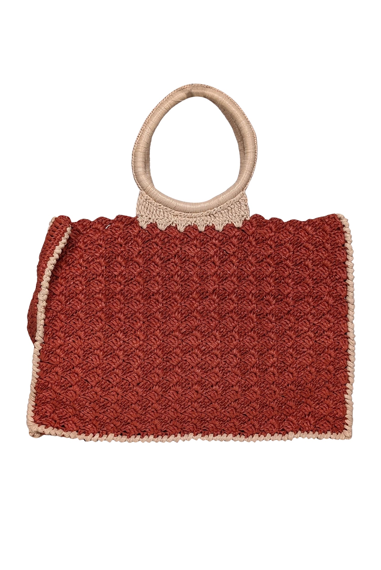 Carrie Forbes - Stunning Rust Orange & Beige Raffia Woven O Ring Handbag