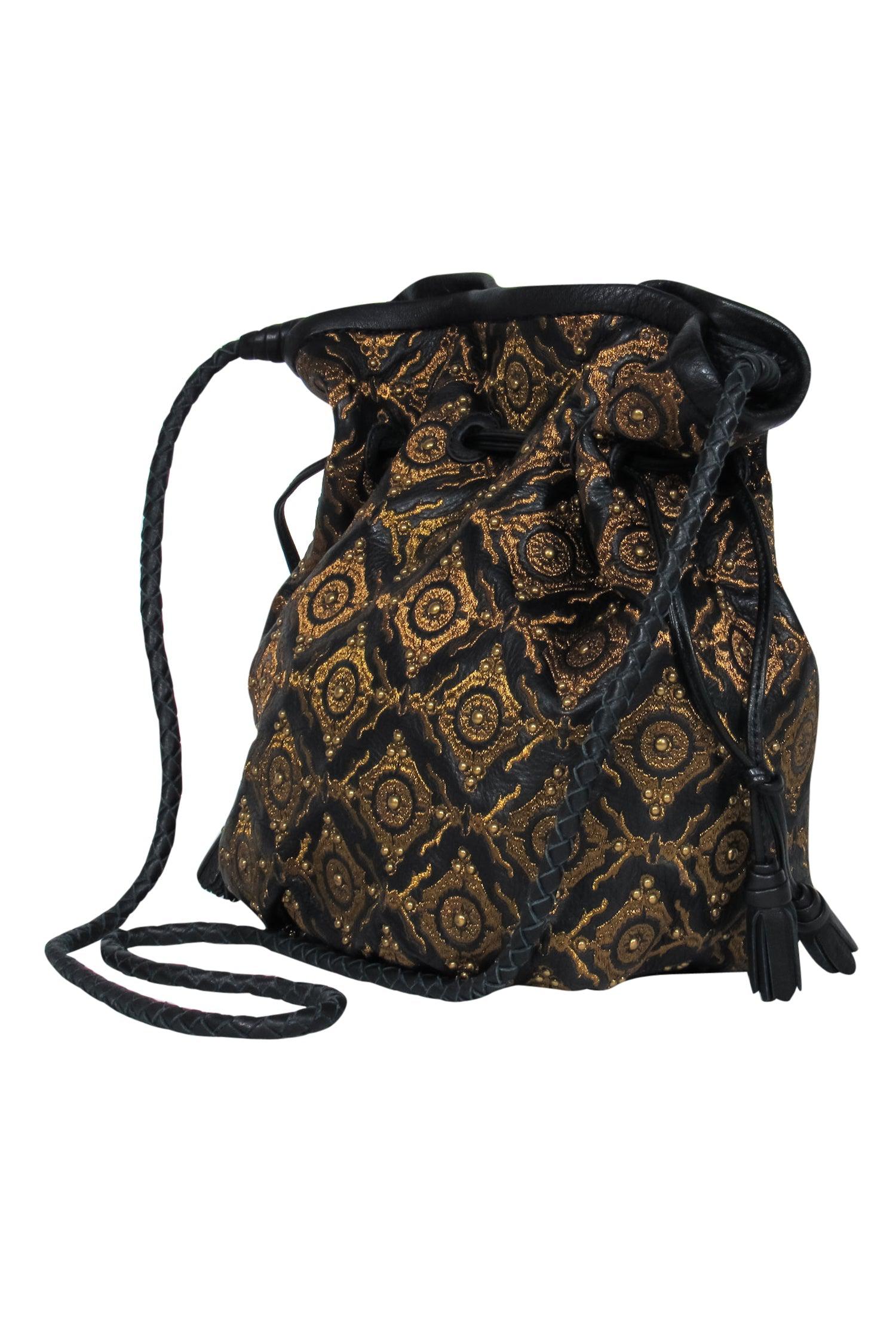 Isabella Fiore's Enchanting Black Leather & Gold Embroidered Grace Bucket Bag