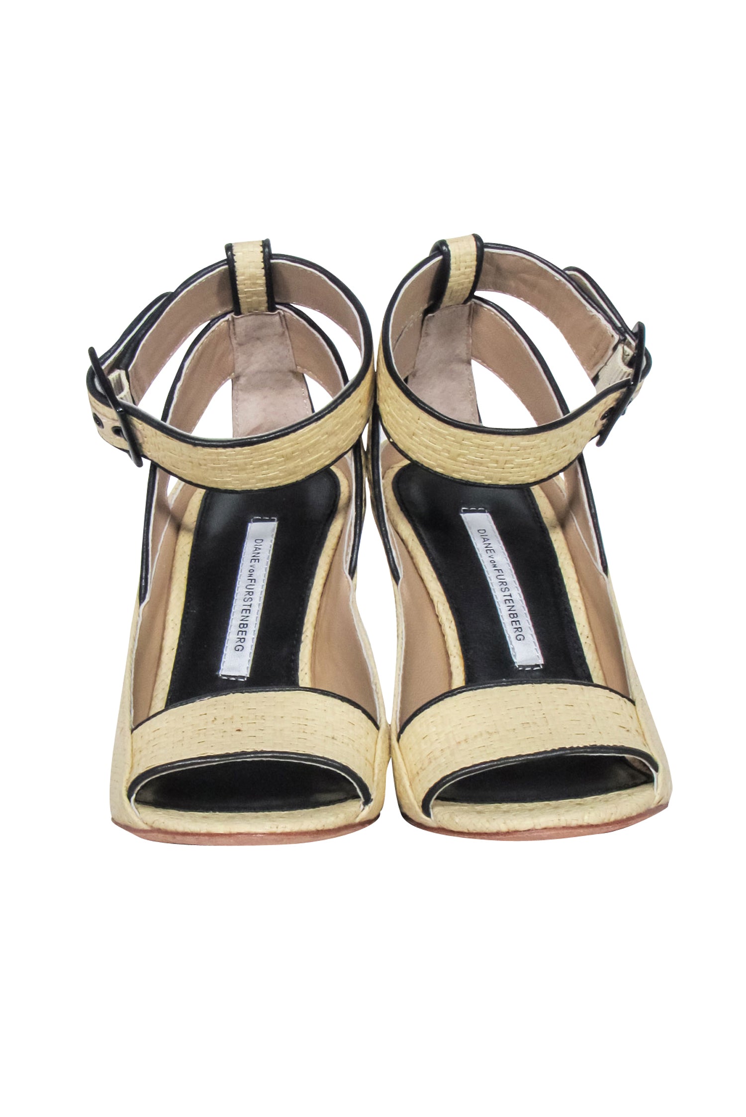 Diane von Furstenberg - Stunning Beige Woven Peep Toe Wedges, Size 7.5