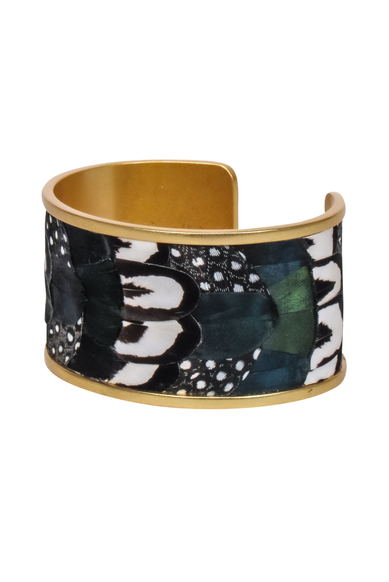 Exquisite Brackish Gold-Plated Feather Cuff Bracelet in Green, Navy & Gold