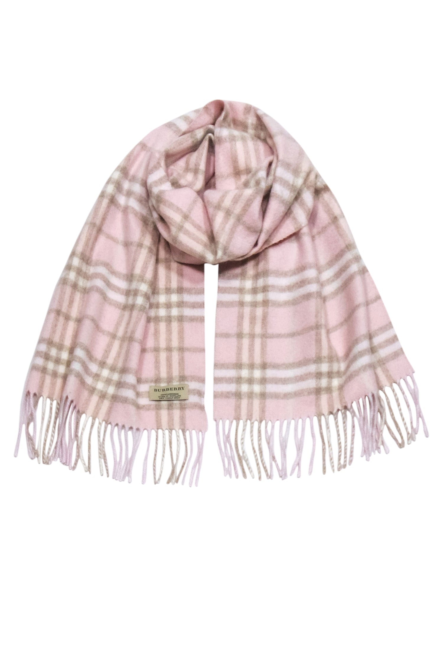 Burberry - Irresistible Pink & Beige Small Plaid Fringe Cashmere Scarf