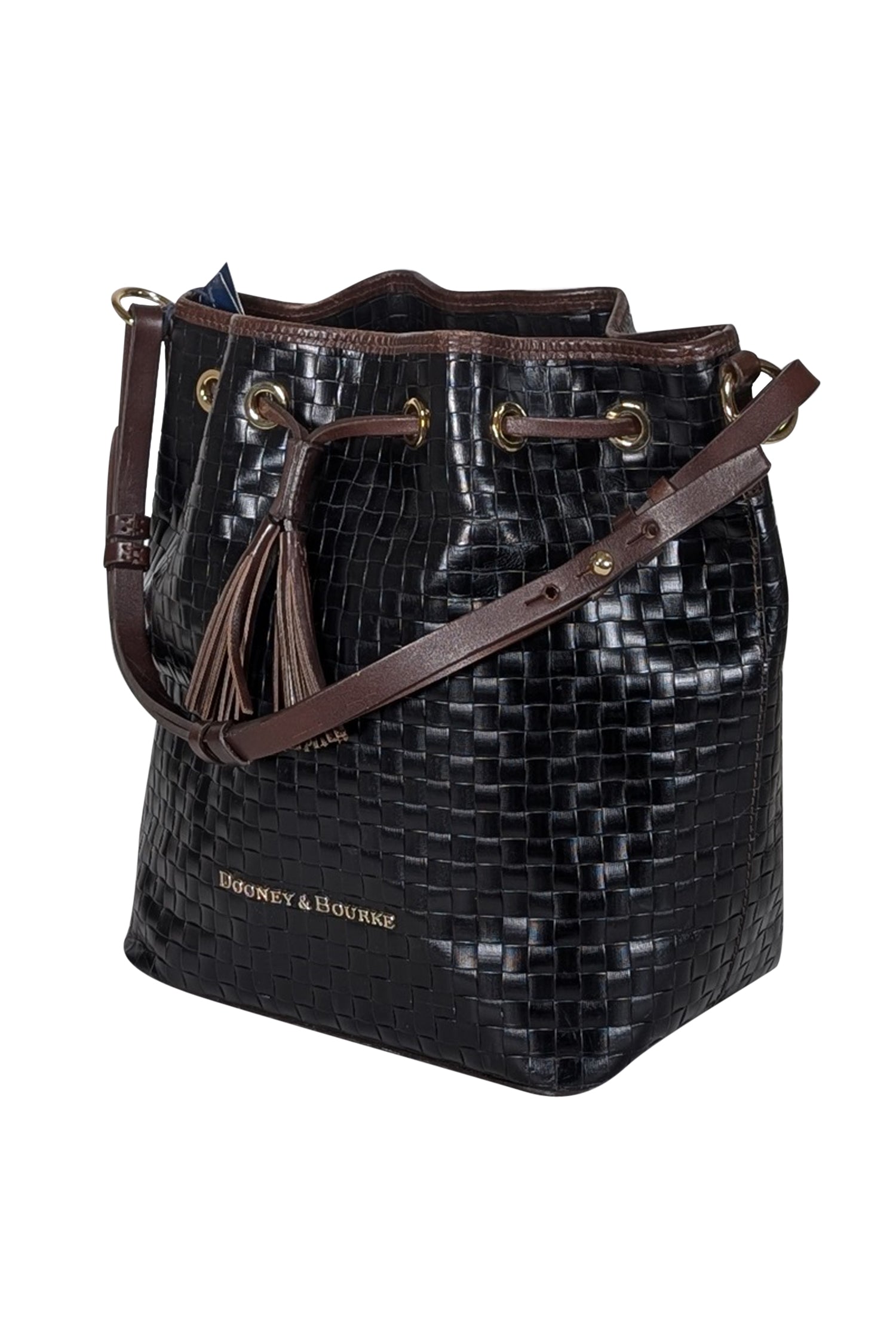 Dooney & Bourke's Stunning Black Woven Leather Bucket Bag with Brown Trim