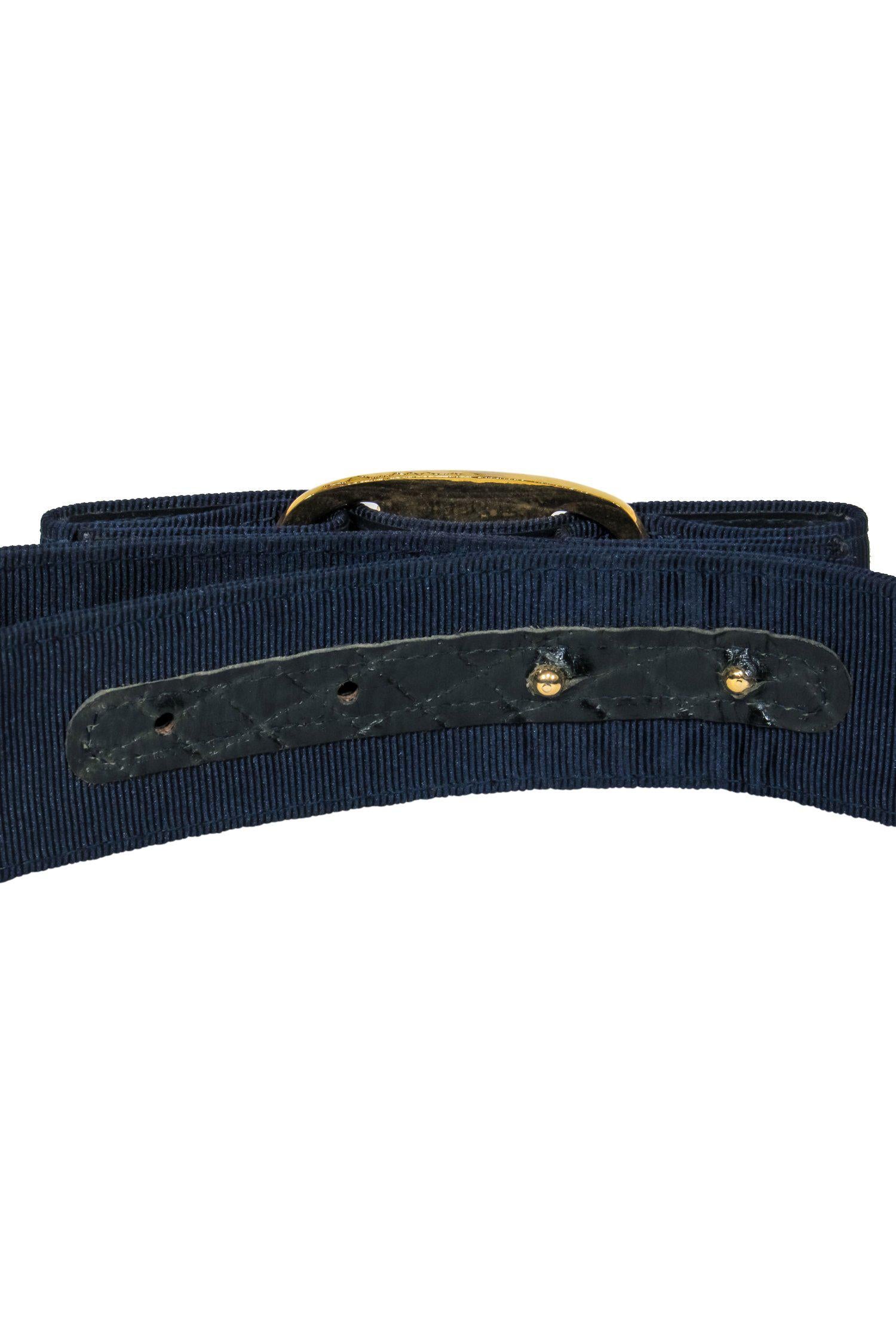 Ferragamo Navy Blue Belt with Stunning Gold Hardware