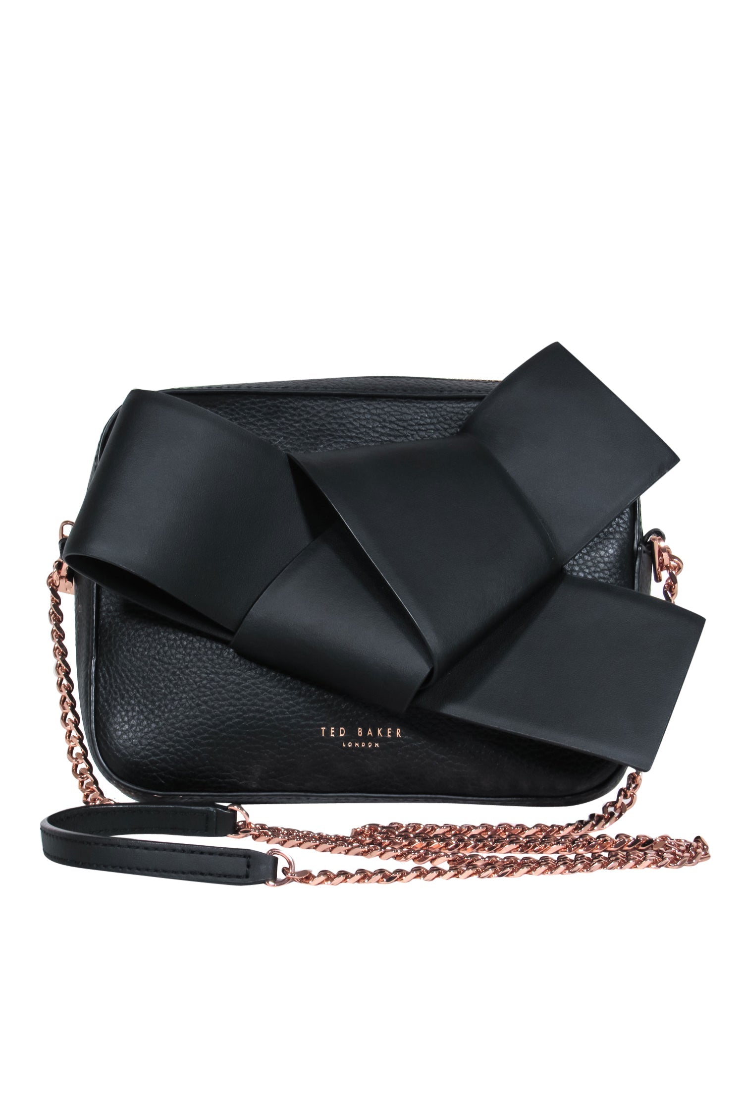 Ted Baker Black Pebbled Leather Rose Gold Chain Crossbody Bag with Bow - A Chic Fashion Essential