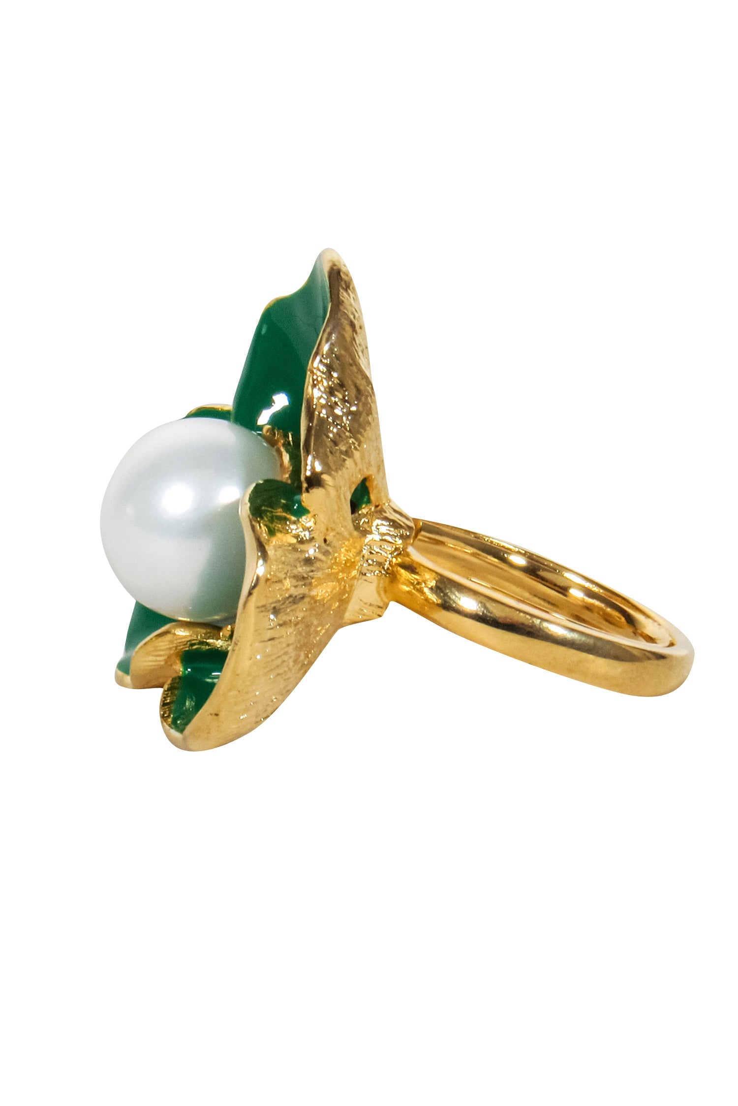 Frances Valentine's Enchanting Gold Ring with Green Flower and Pearl (Size 7)