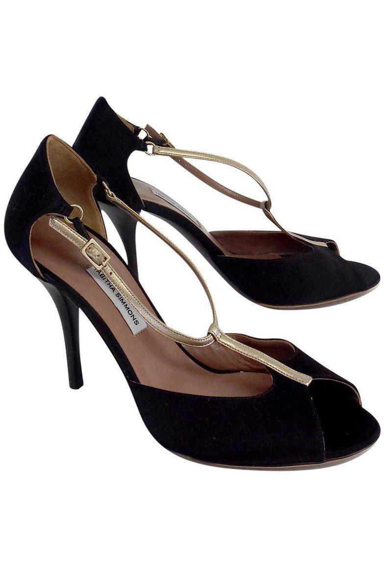Gorgeous Tabitha Simmons Black & Gold Satin T Strap Heels - Size 8