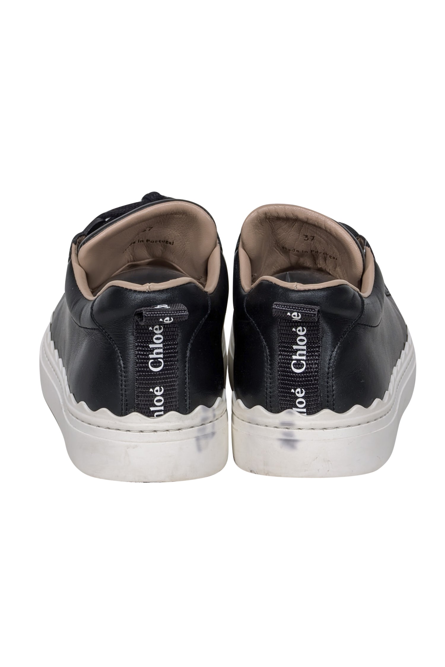Chloe's Stunning Black Leather Sneakers with Scallop Trim - Size 7