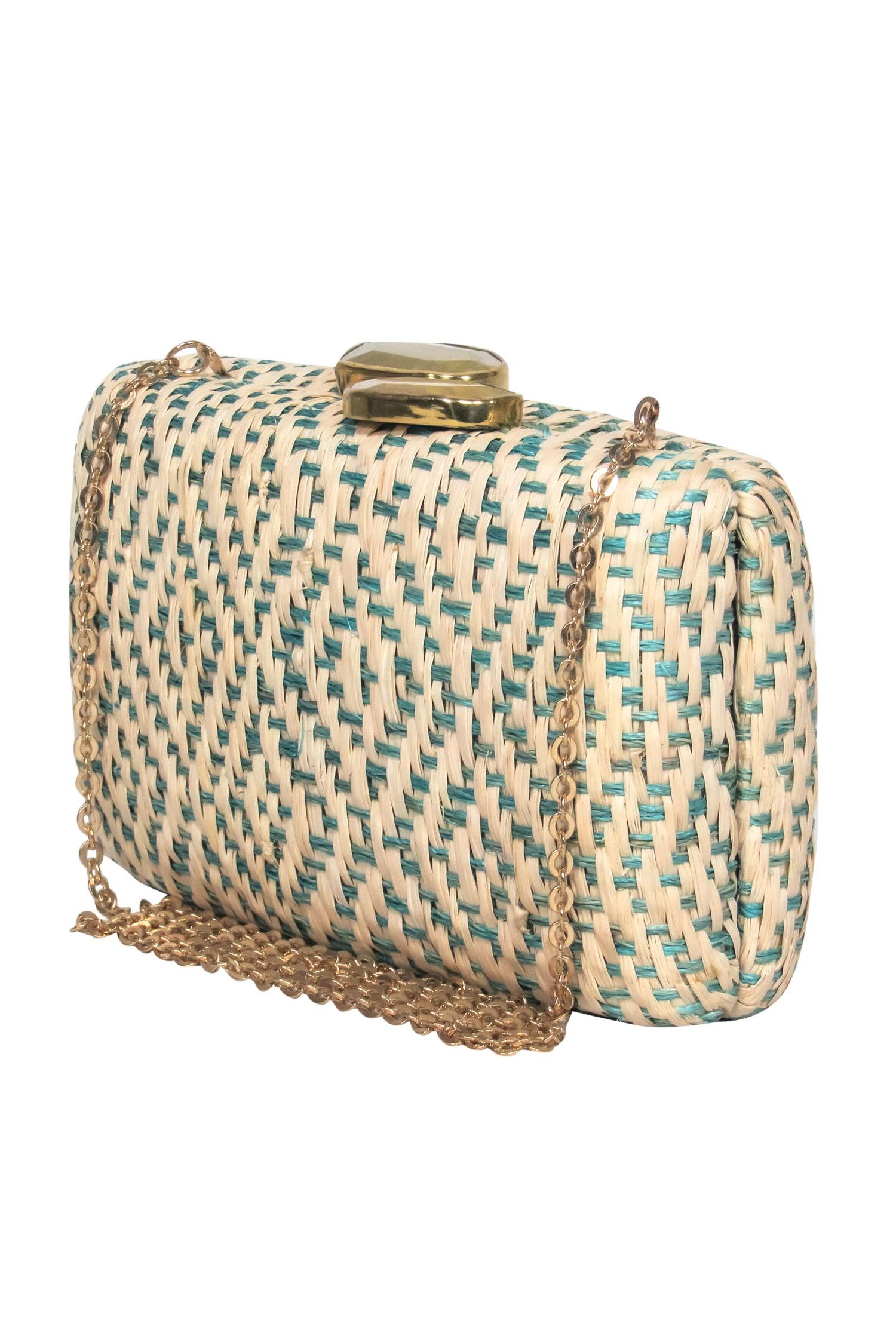 KAYU - Chic Beige & Teal Woven Wicker Crossbody with Gold Chain