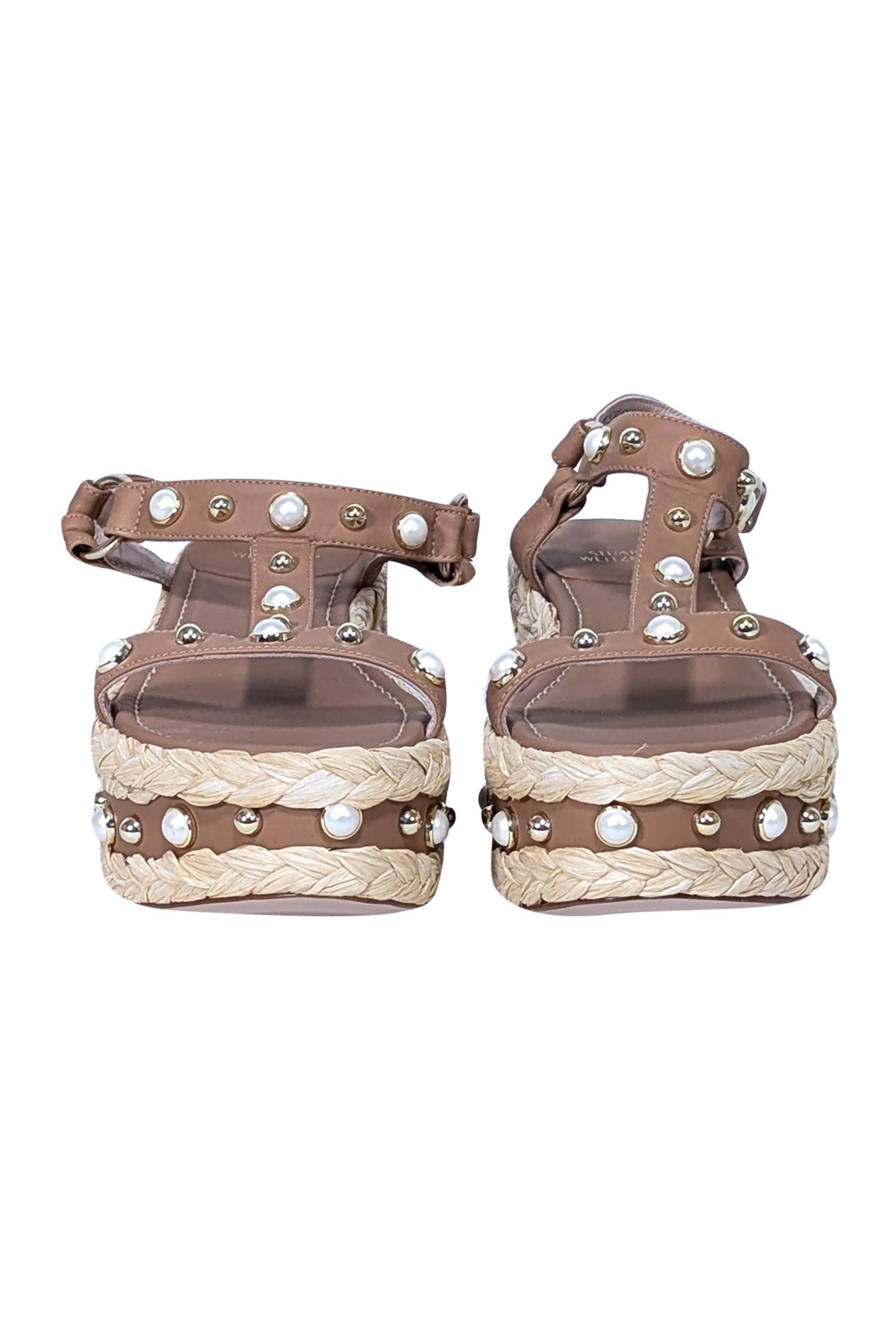 Stuart Weitzman - Tan & Beige Beraffia Pearly Vachetta Platform Sandals for Summer Fun, Size 9