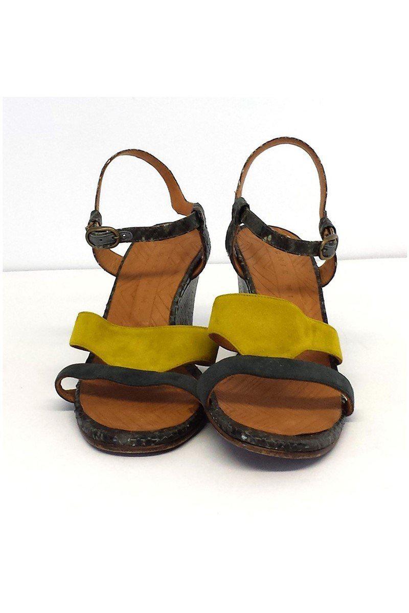 Chie Mihara's Stunning Finde Suede & Leather Colorblock Wedge Sandals - Size 9