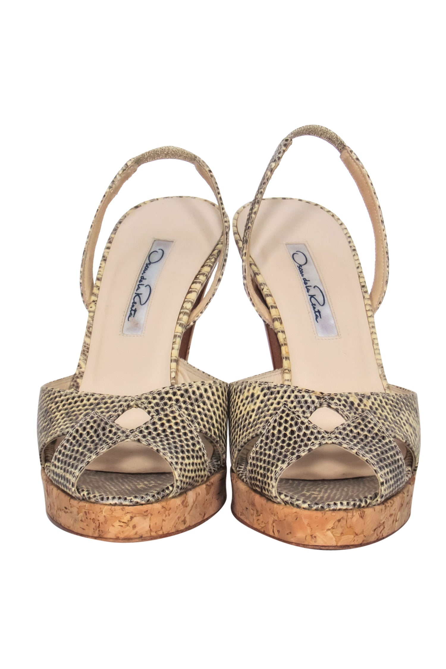 Oscar de la Renta - Exquisite Snakeskin Open Toe Cork - Heel Pumps, Size 5