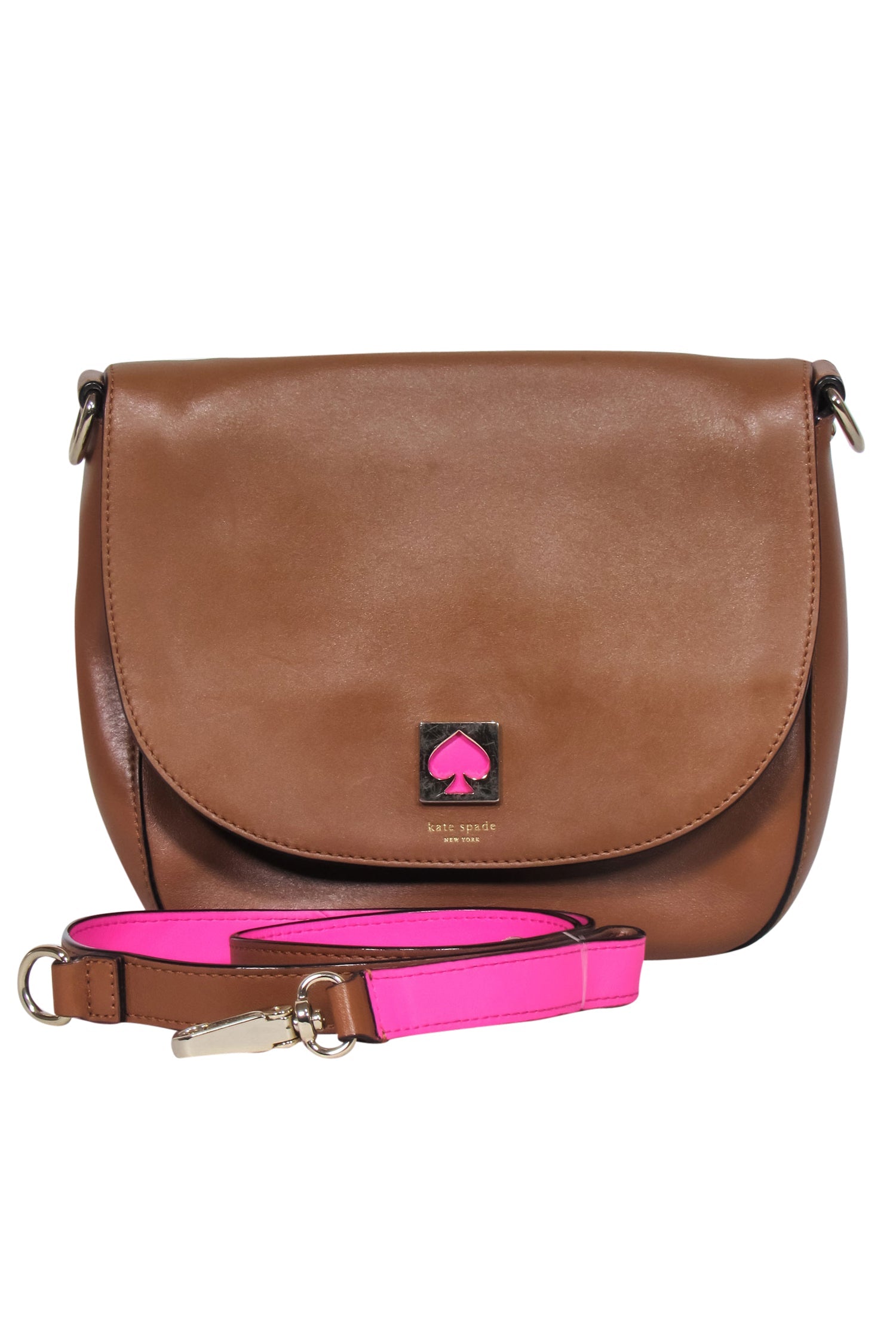 Kate Spade's Stunning Brown Leather Saddle Crossbody Bag with a Pop of Pink Strap