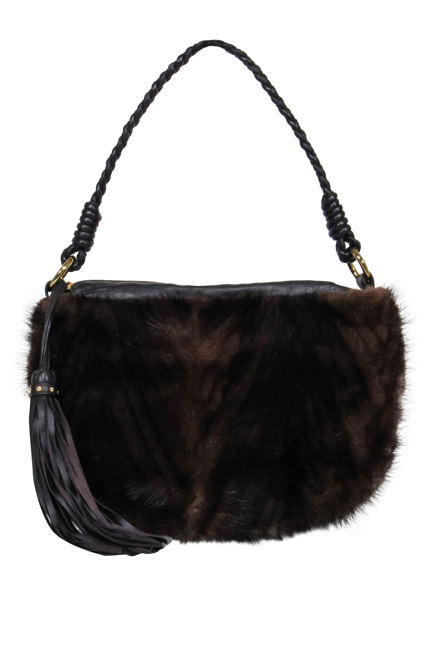 Paolo Masi's Luxurious Brown Leather Shoulder Bag with Mink Fur