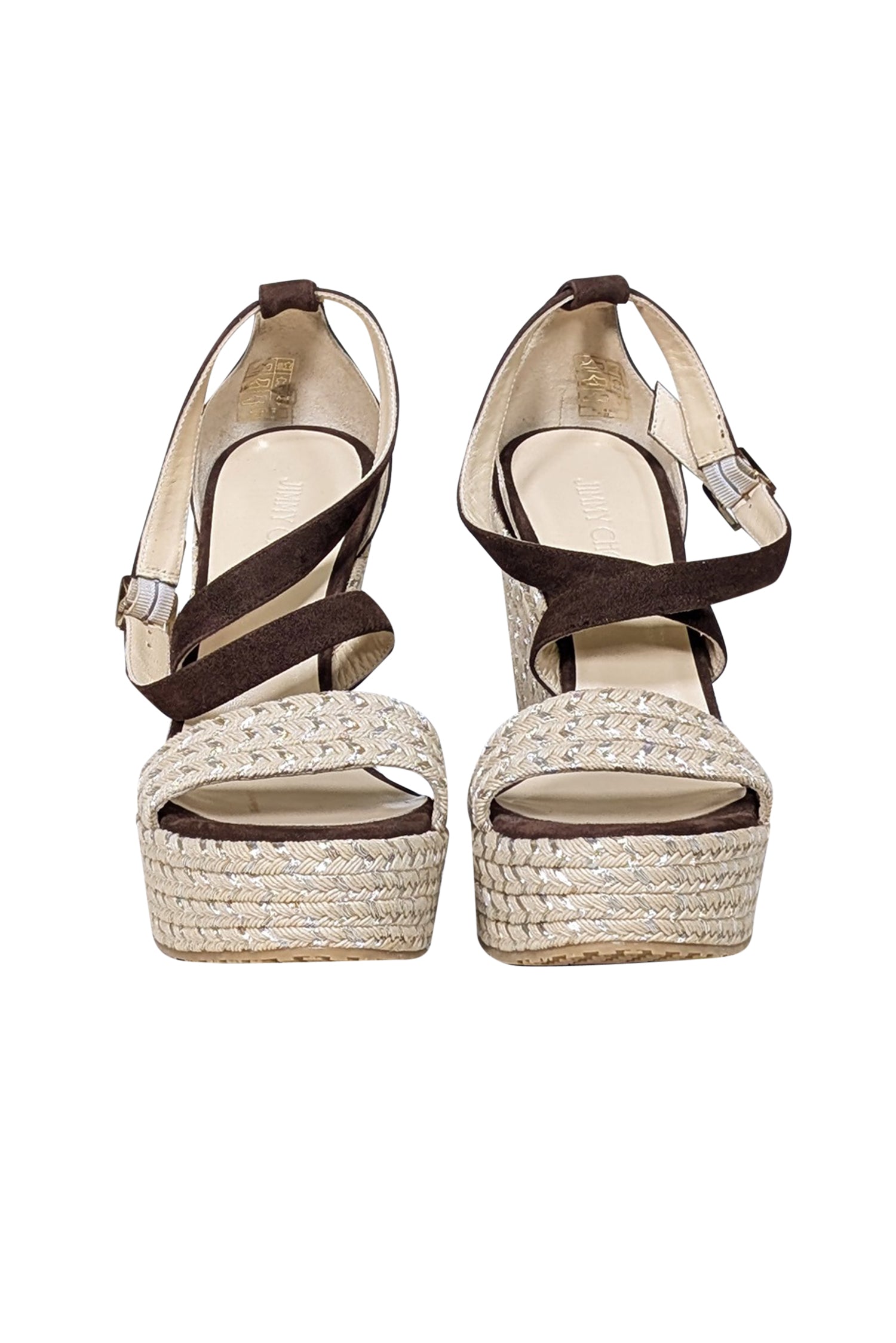Jimmy Choo Beige & Brown Suede Espadrille Wedges - Size 10, Irresistible Vacation Footwear