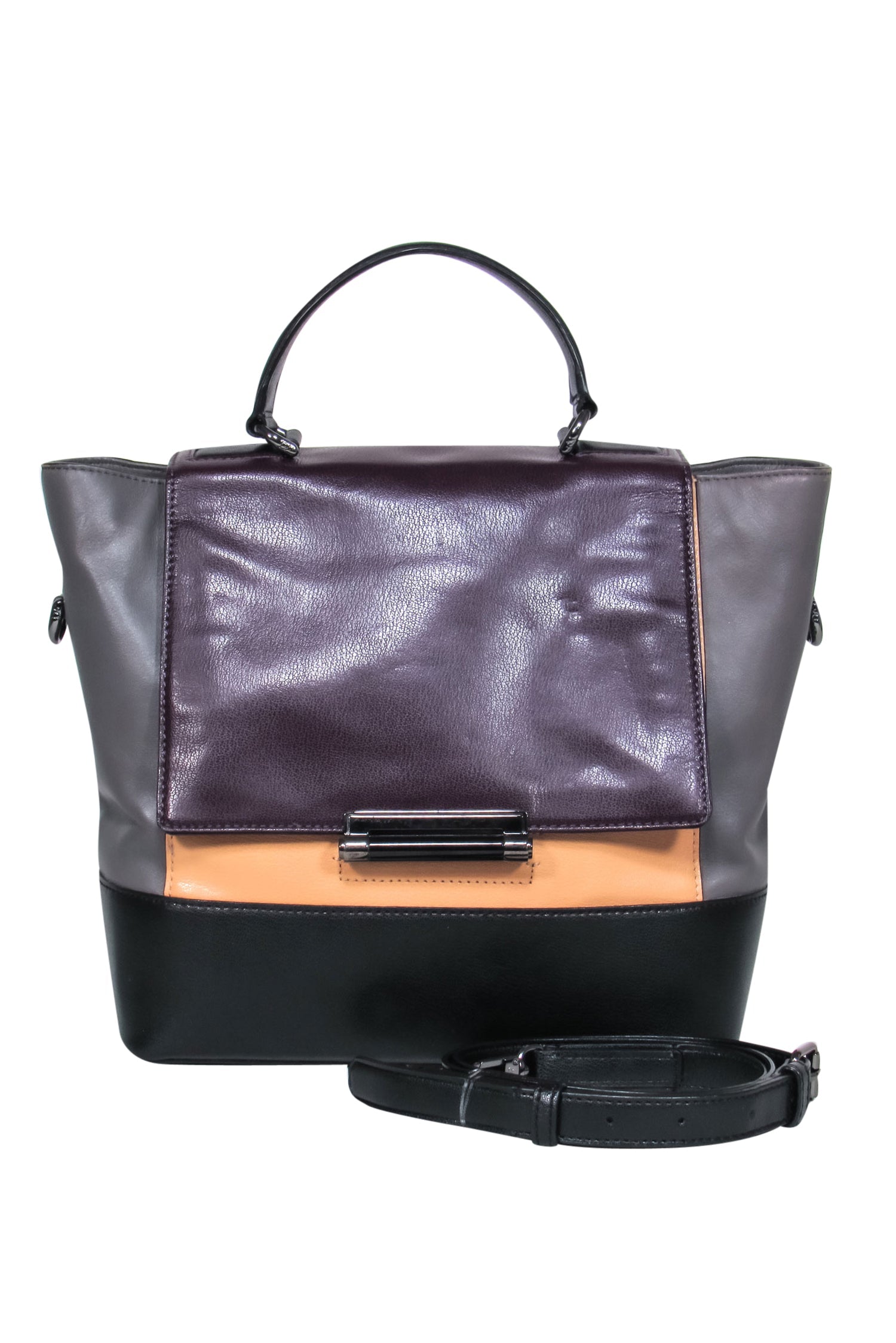 Diane von Furstenberg Colorblocked Leather Convertible Satchel in Grey, Black, Beige & Deep Purple