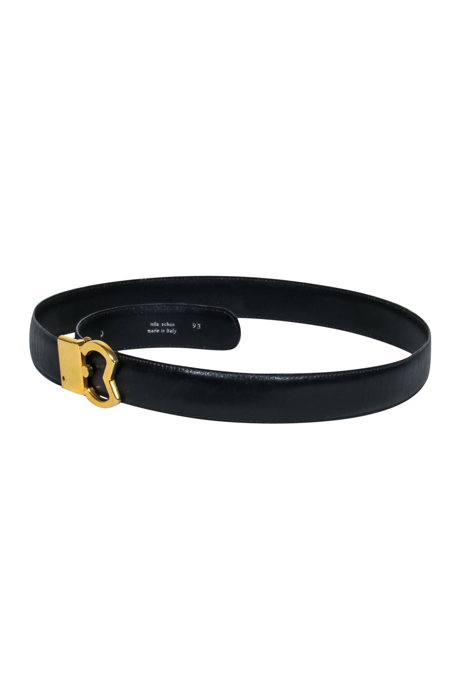 Mila Schon's Exquisite Black Leather Belt with Stunning Gold Clasp