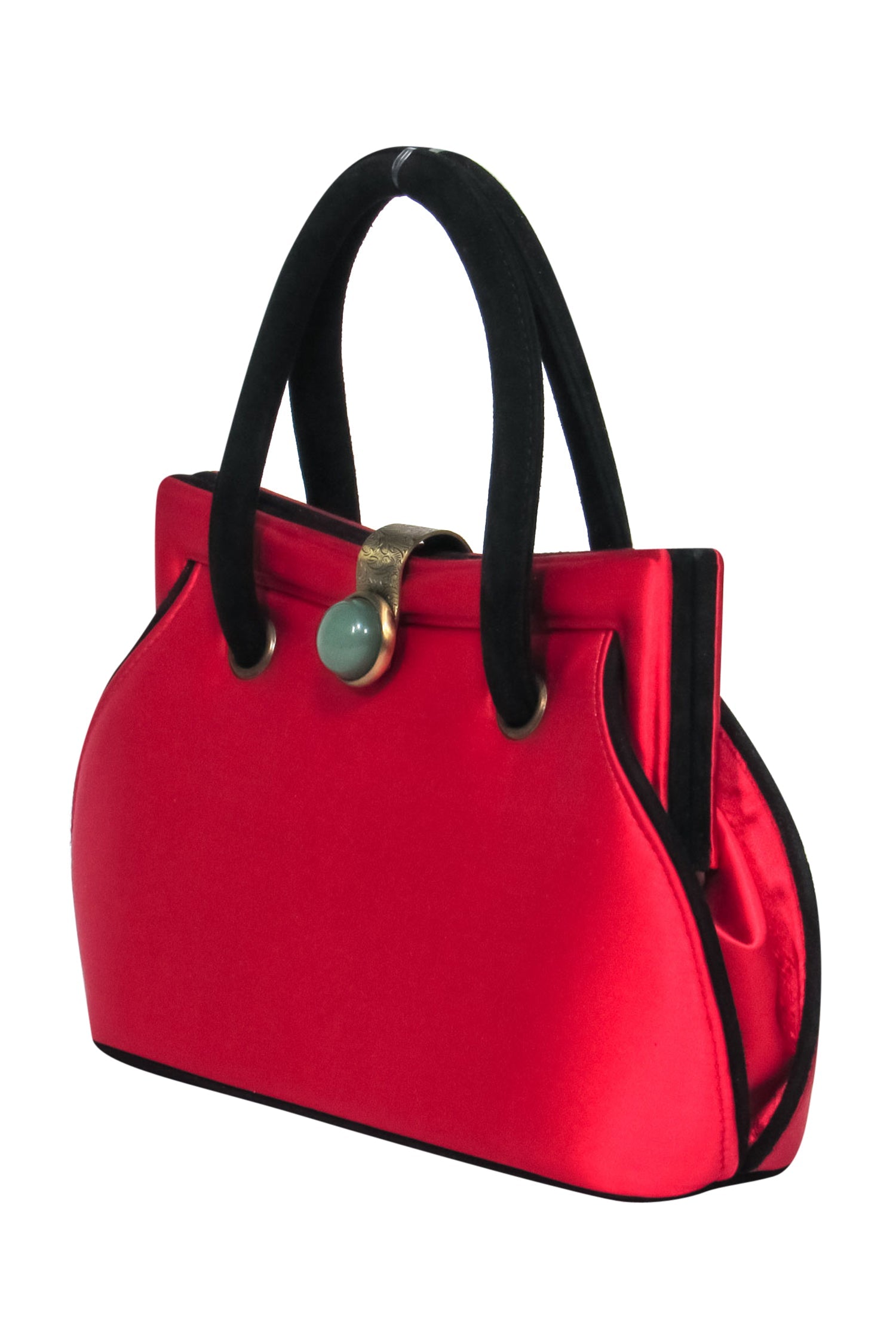 Shanghai Tang - Exquisite Red Satin Mini Handbag with Black Suede Trim