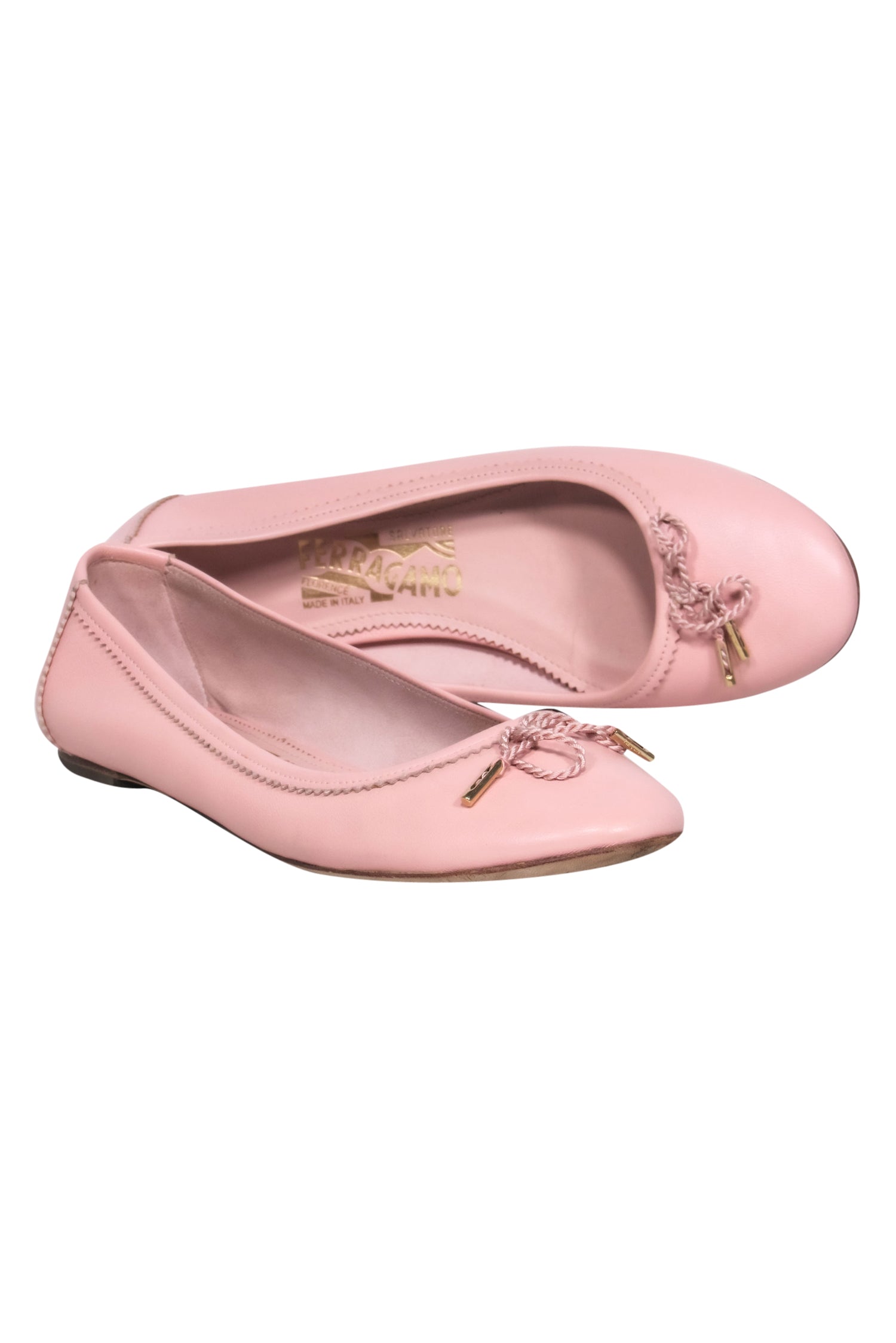 Ferragamo Pink Ballerina Flats with Twisted Rope Bow - Size 6