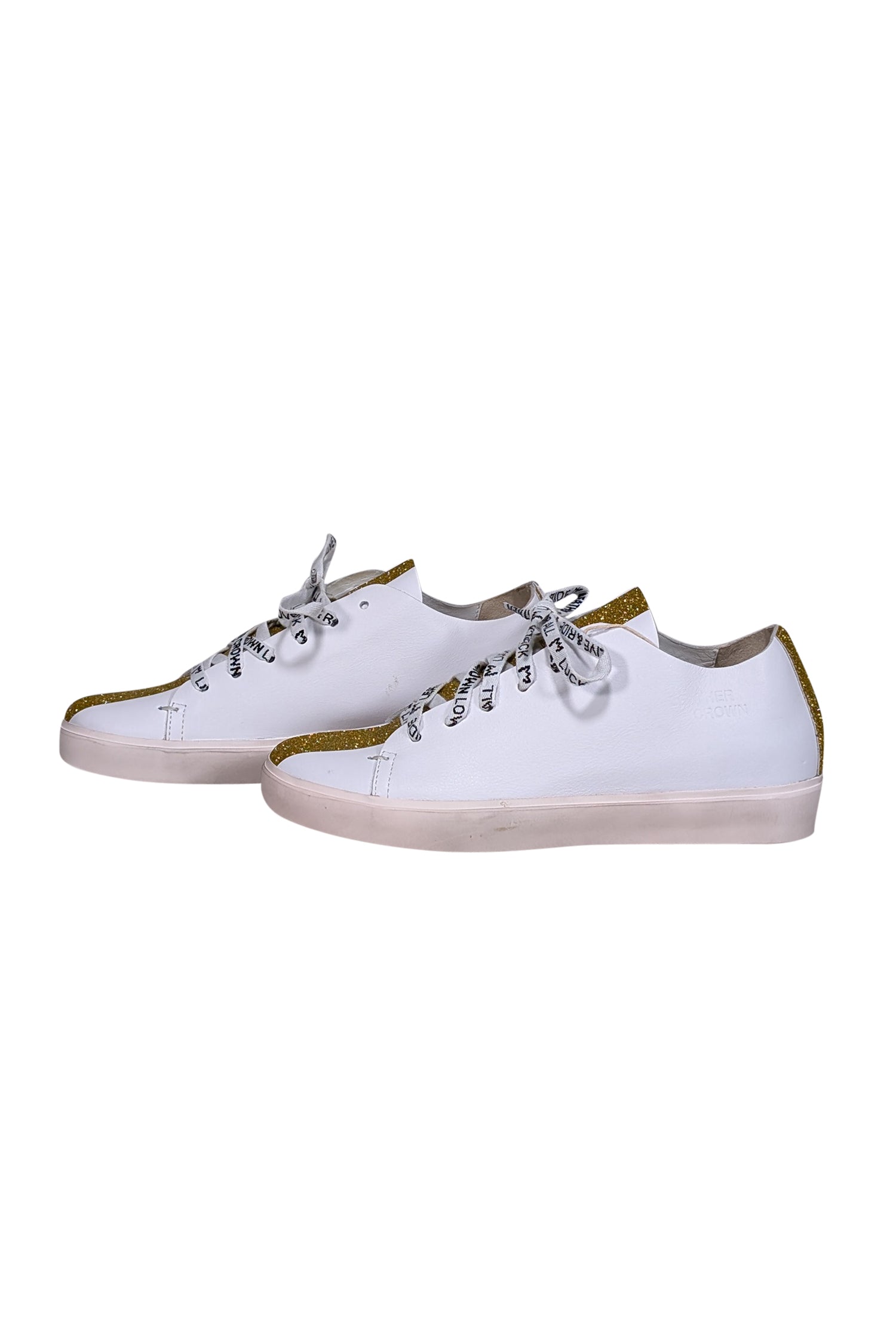Gorgeous White Leather Crown Sneakers with Gold Glitter - Size 9