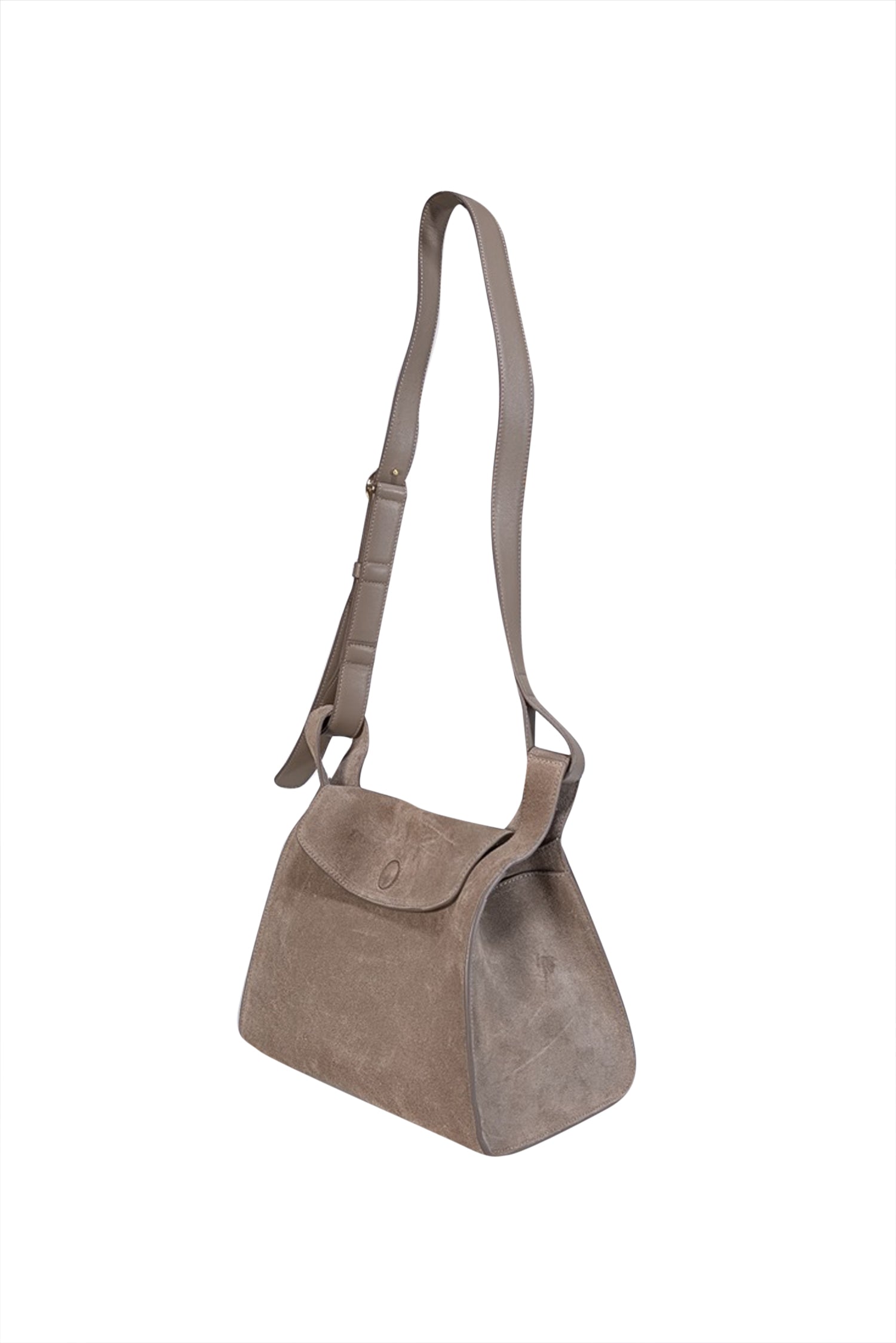Cuyana's Stunning Taupe Suede Double Loop Crossbody Bag