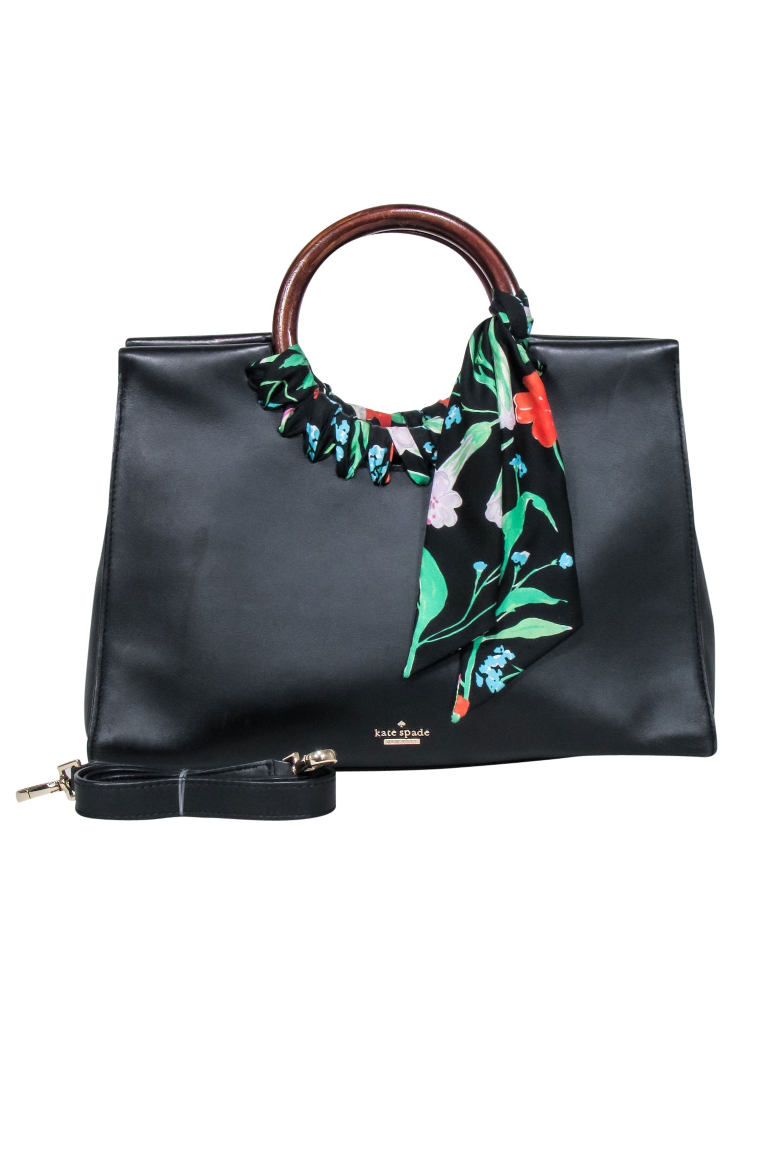 Kate Spade Black Leather Shoulder Bag with Elegant Wood Circle Handles and Charming Floral Detail