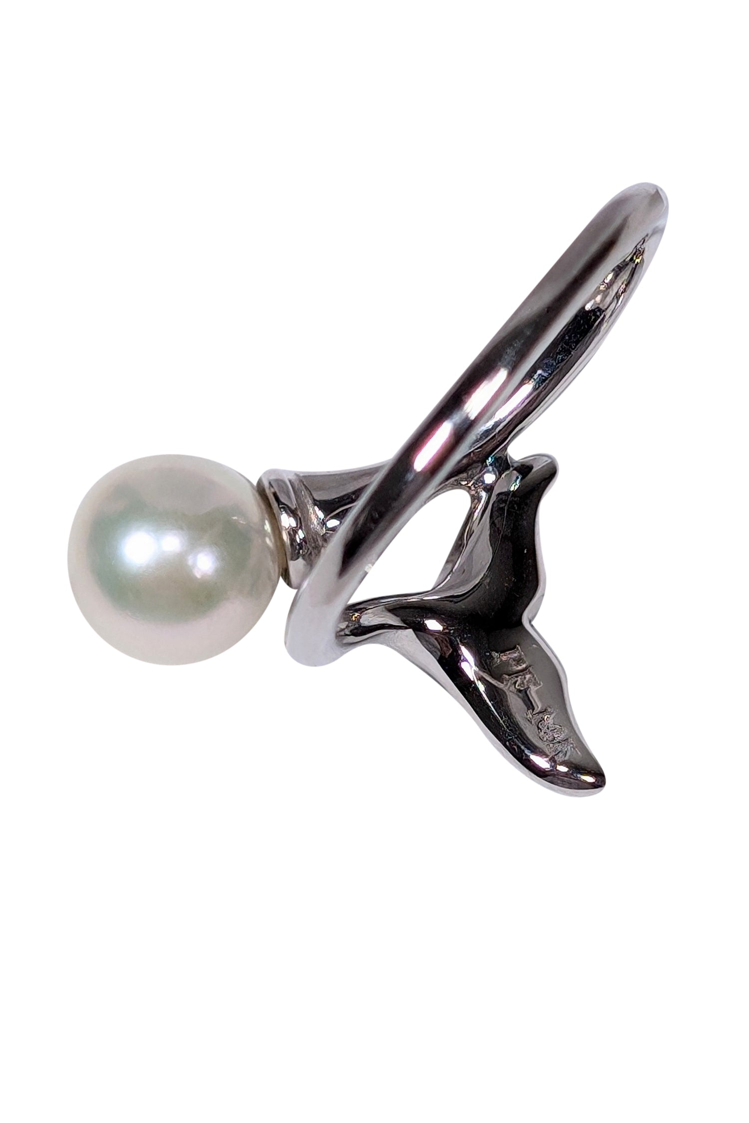 Pearl Factory's Enchanting White 14K Gold Ring with Center Pearl and Teal Mermaid Tail - Size 6
