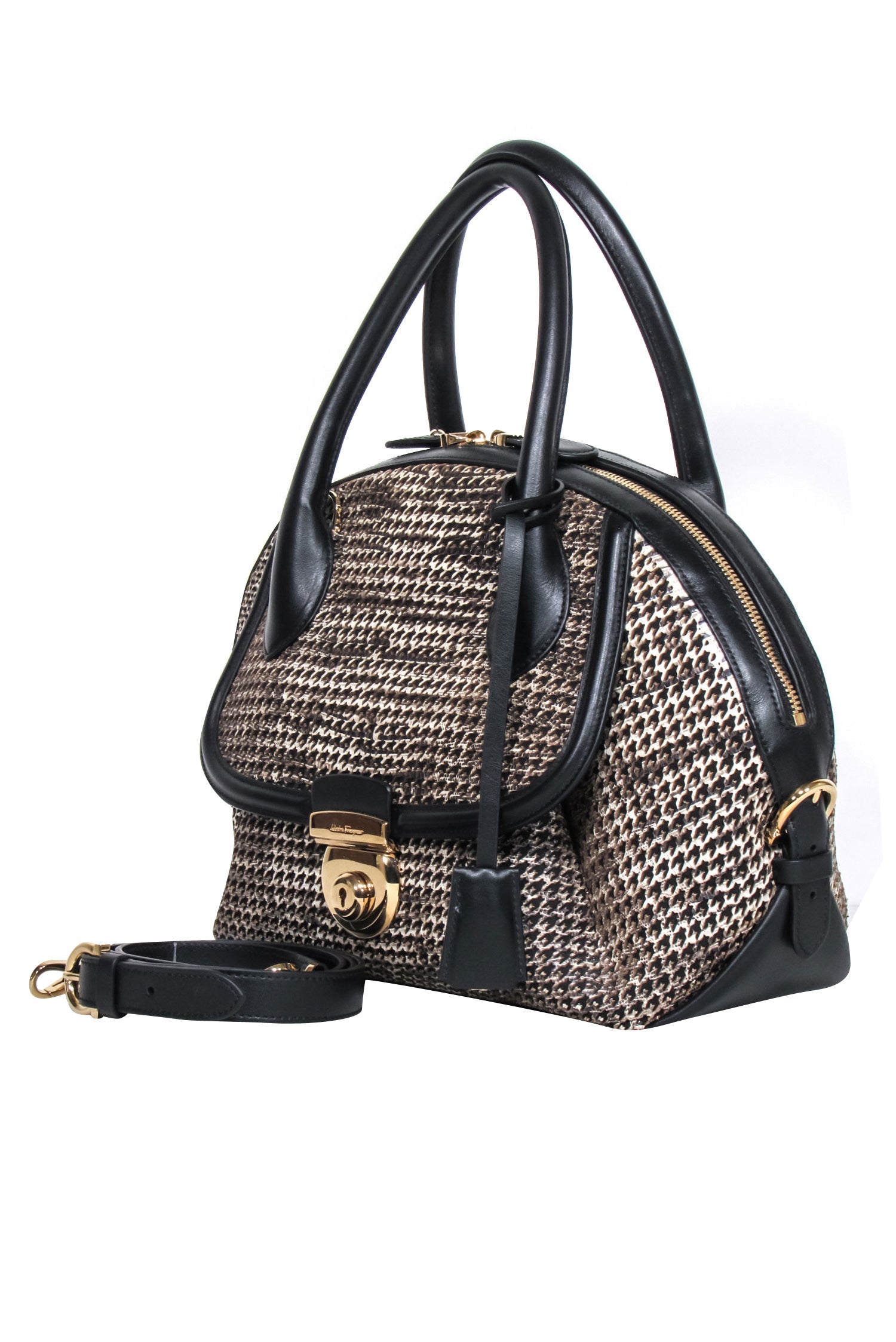 Ferragamo Three - Tone Laser Cut Print Satchel Bag: Black, Brown, & Cream