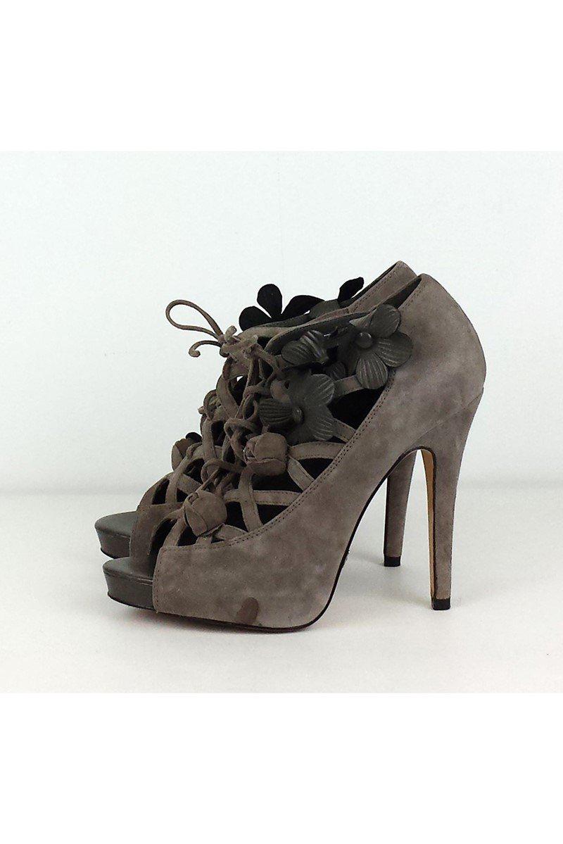 Menbur Gray Suede Floral Detail Lace - Up Peep - Toe Heels in Size 8.5