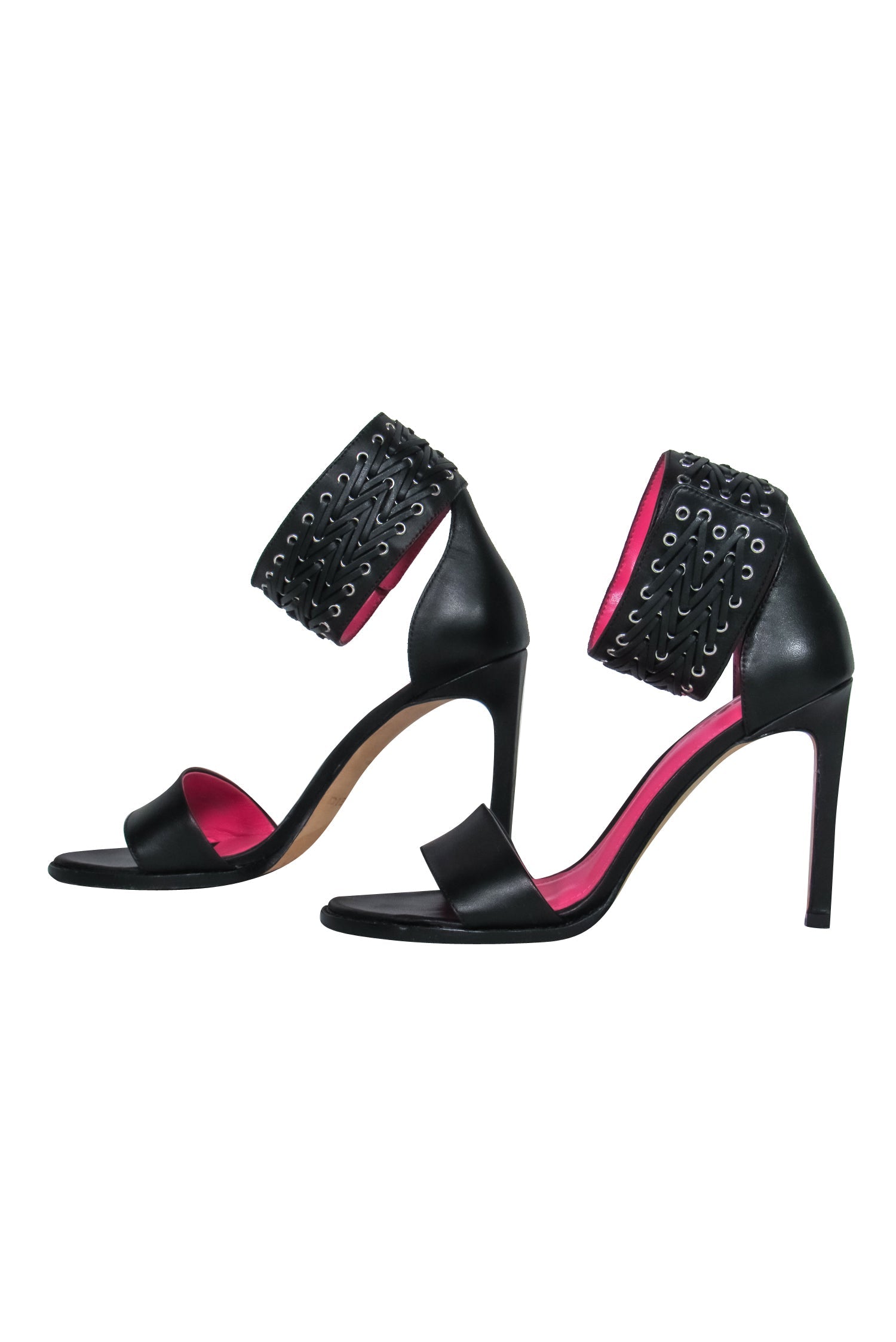Diesel Black Leather Grommet Studded Open Toe Ankle Strap Heels - Size 7