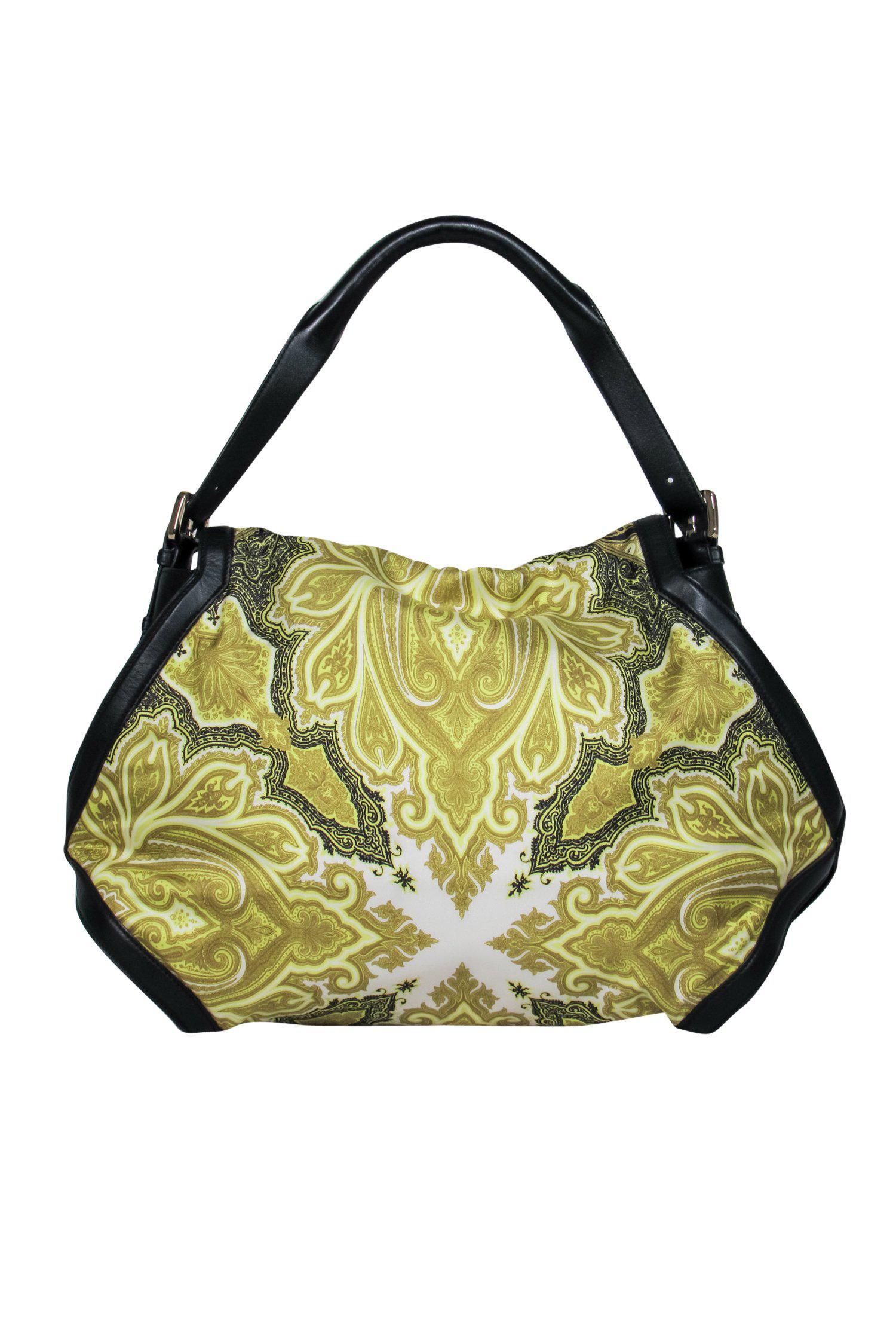 Etro - Stunning Lime Green & Black Damask Printed Satin Leather Bag