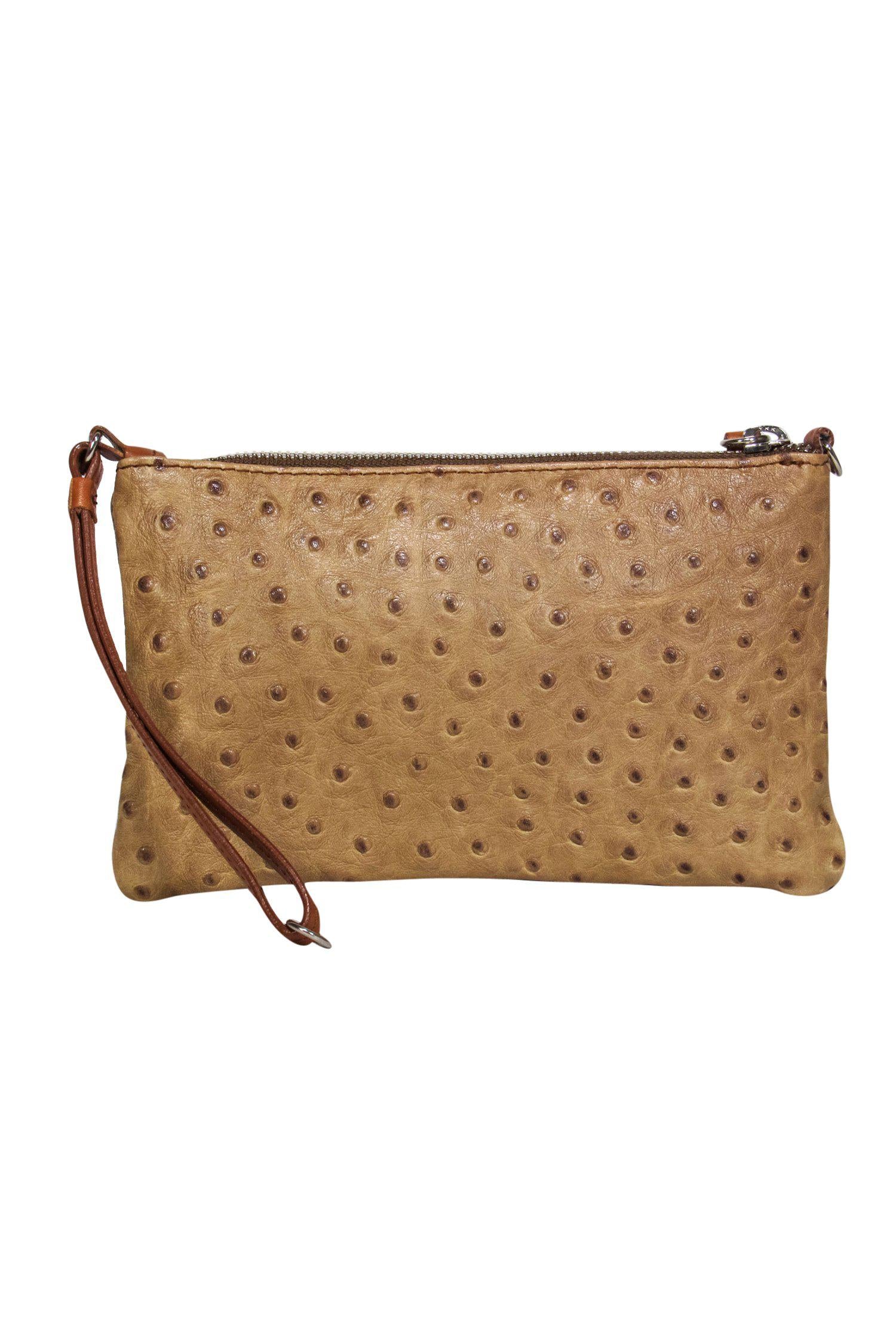 Furla - Chic Taupe Ostrich Leather Mini Convertible Wristlet for Stylish Outings