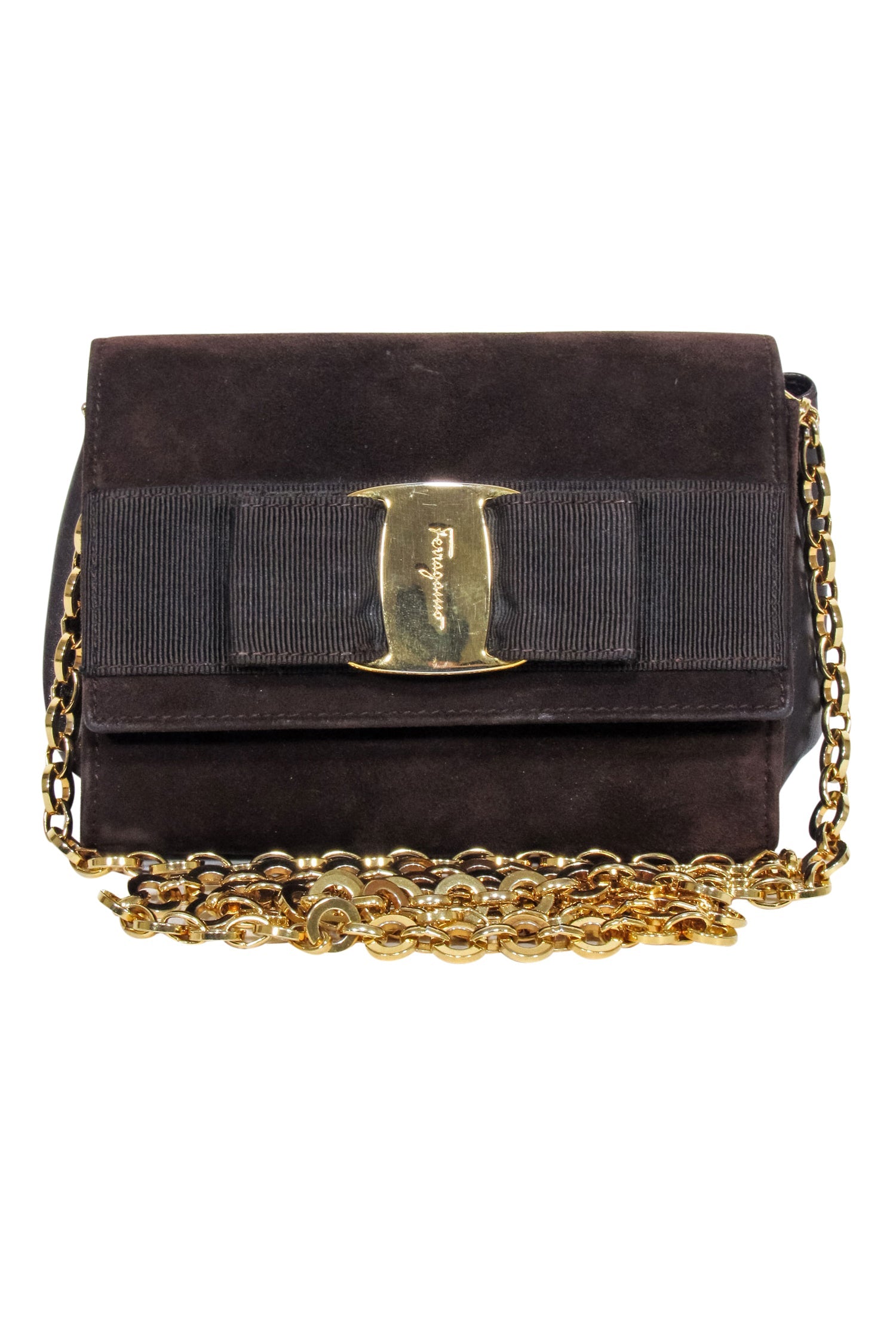 Ferragamo Brown Suede Mini Bag with Stunning Gold Chain Strap