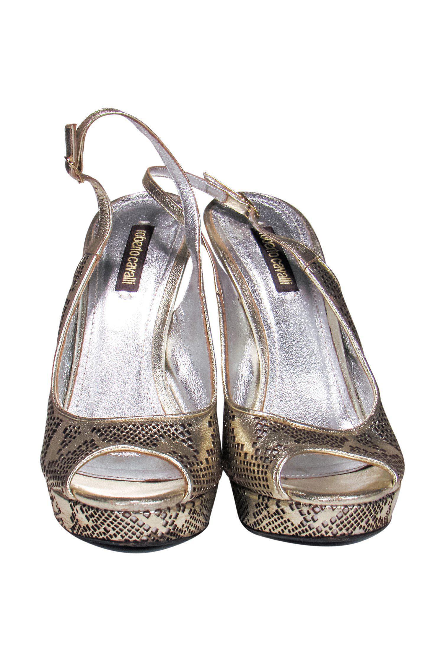 Roberto Cavalli - Stunning Gold Perforated Slingback Pumps, Size 9.5 - Grab Yours Now!