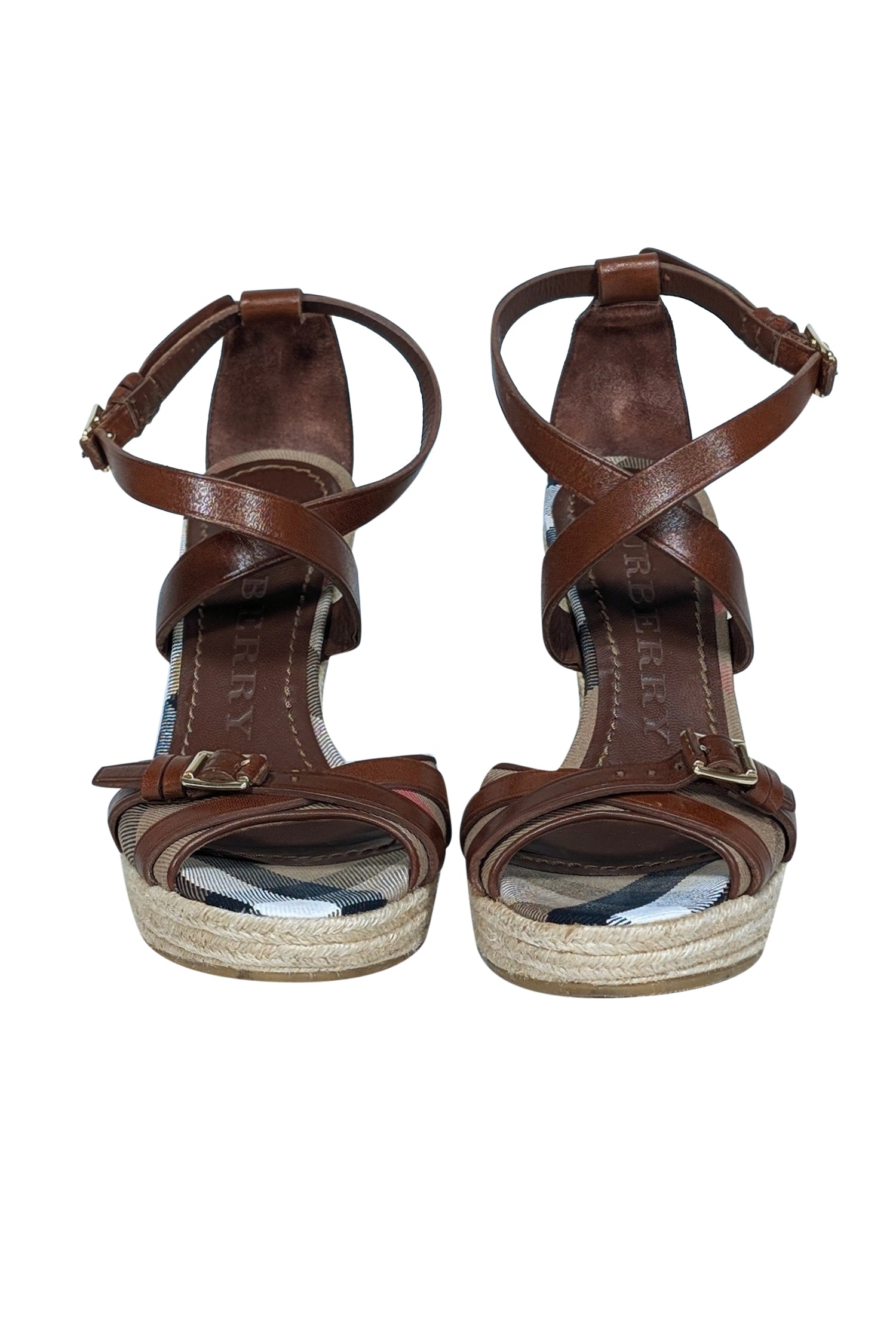 Burberry Tan Signature Plaid Peep-Toe Wedges with Buckle Trim - Size 9.5