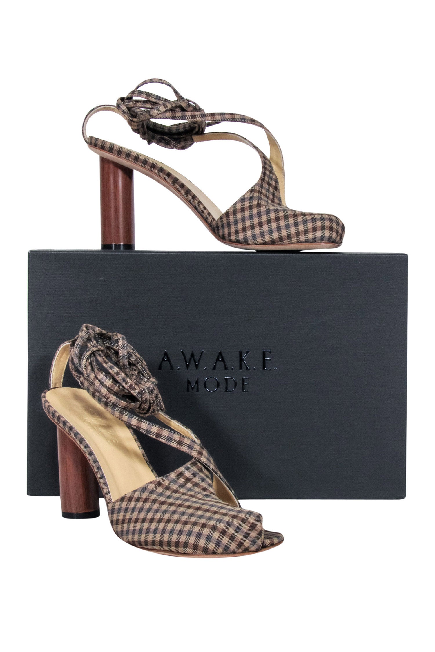A.W.A.K.E. Mode 'Geraldine' Brown & Beige Gingham Asymmetric Open-Toe Heels - Size 8