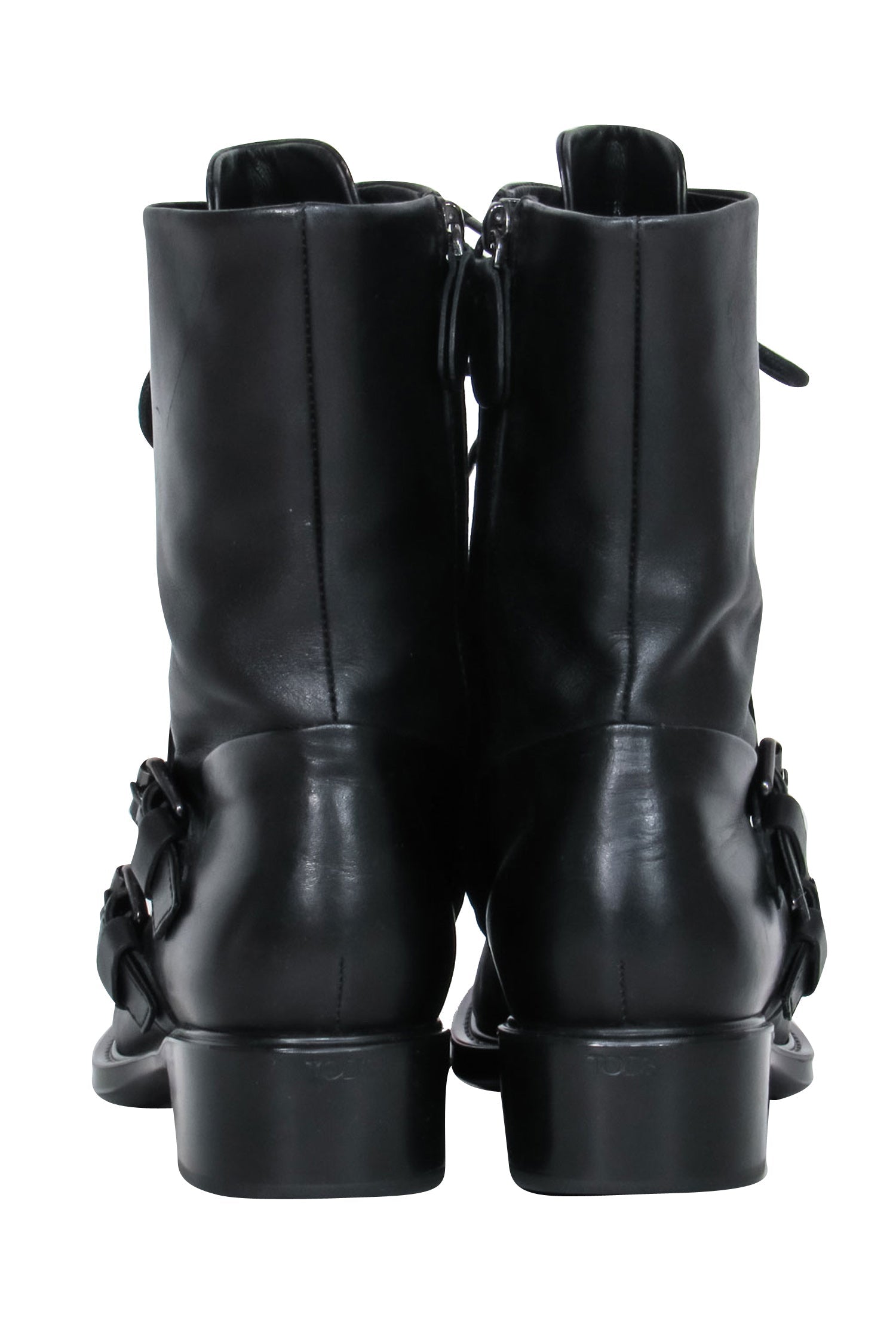 Tod's Black Lace-Up & Double Buckle Combat Boots - Size 8