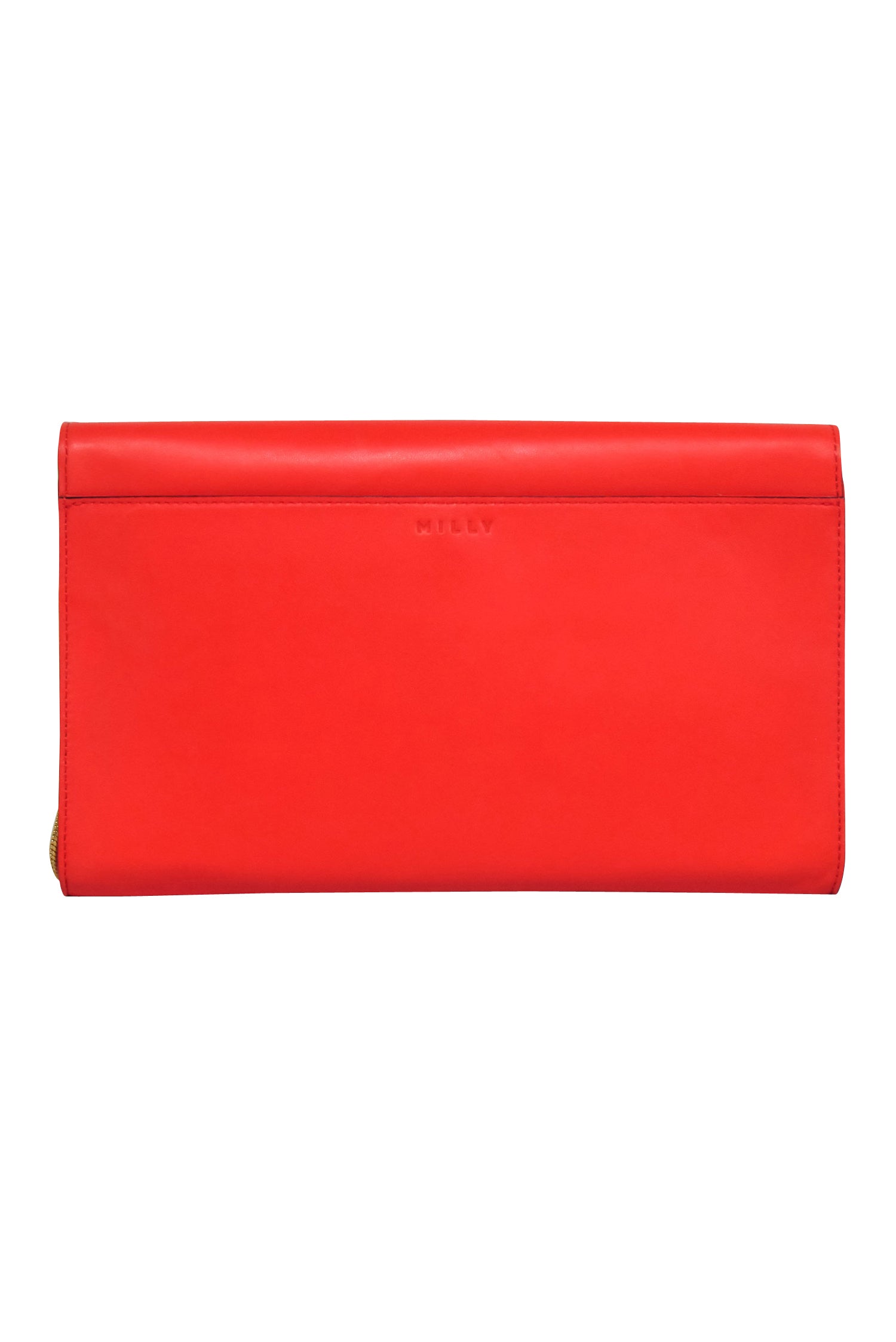 Milly Red Leather Clutch with Gold Grommets and Chain Strap - A Bold Fashion Statement