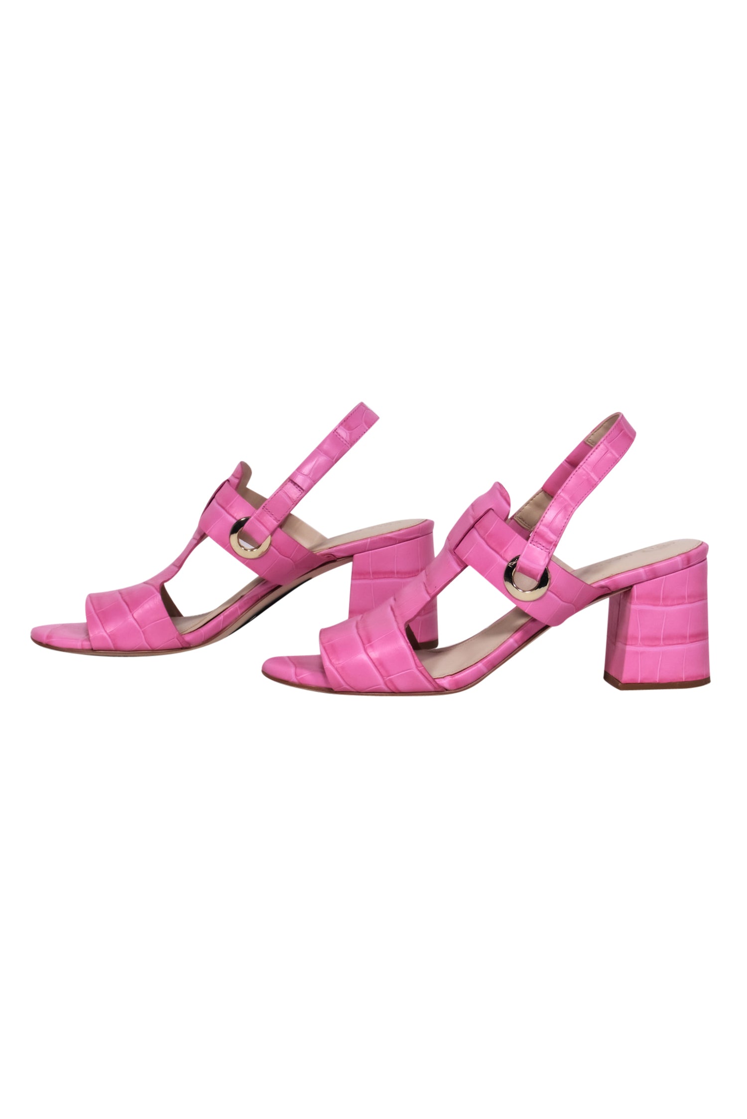 Cole Hann Light Pink Croc-Embossed Block Heel Ankle Strap Sandals - Size 8.5